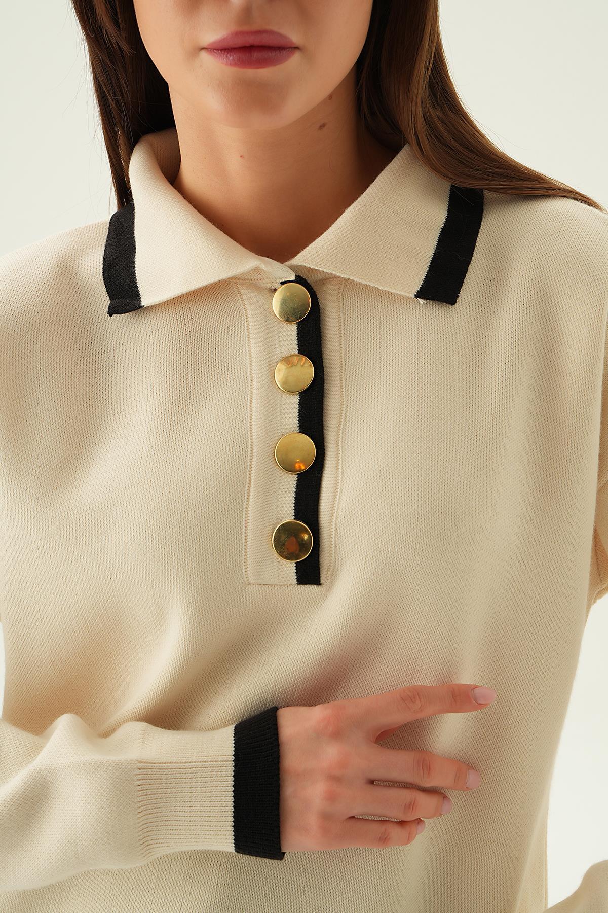 Krem Gömlek Yaka Şerit Detay Kazak 3033 - 5