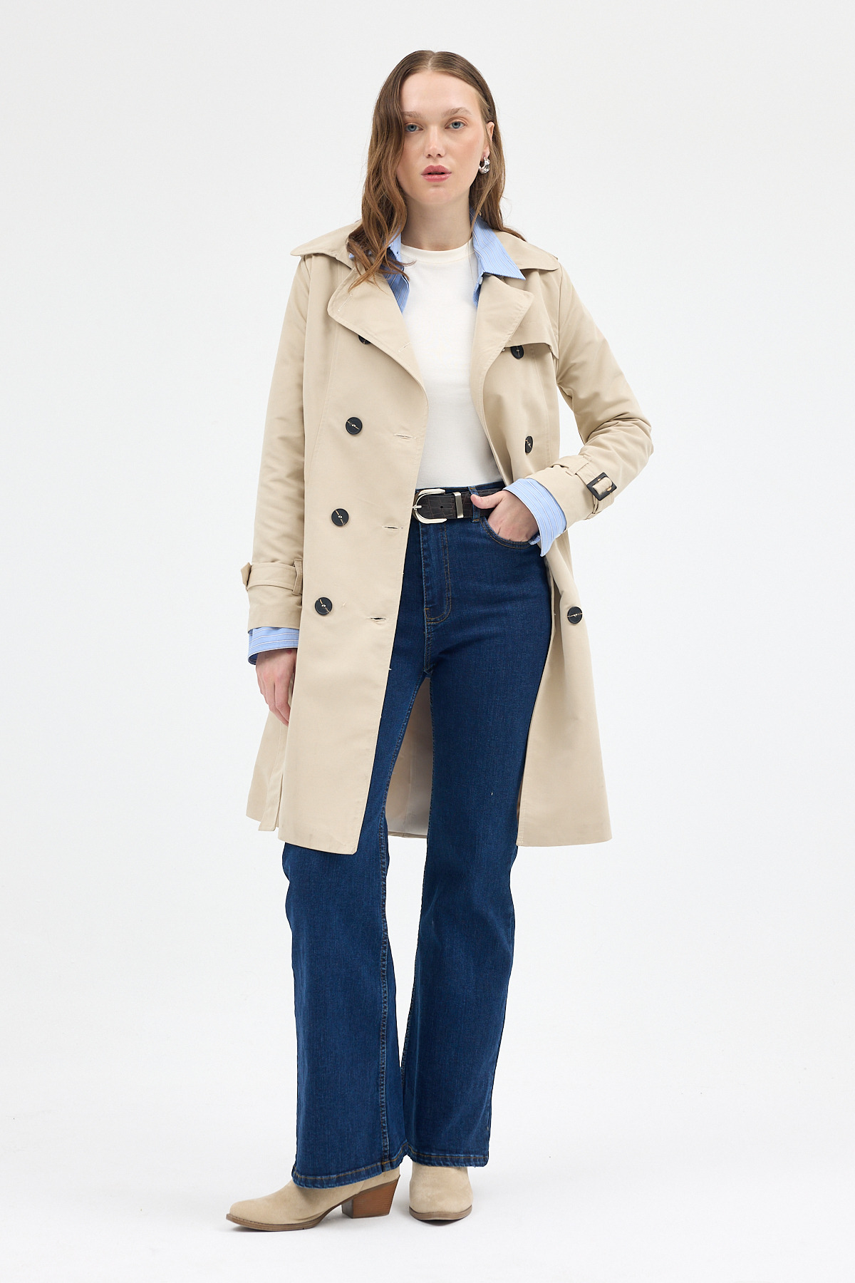 Bej Kruvaze Kuşaklı Kadın Trençkot 3033A - RAYS (1)