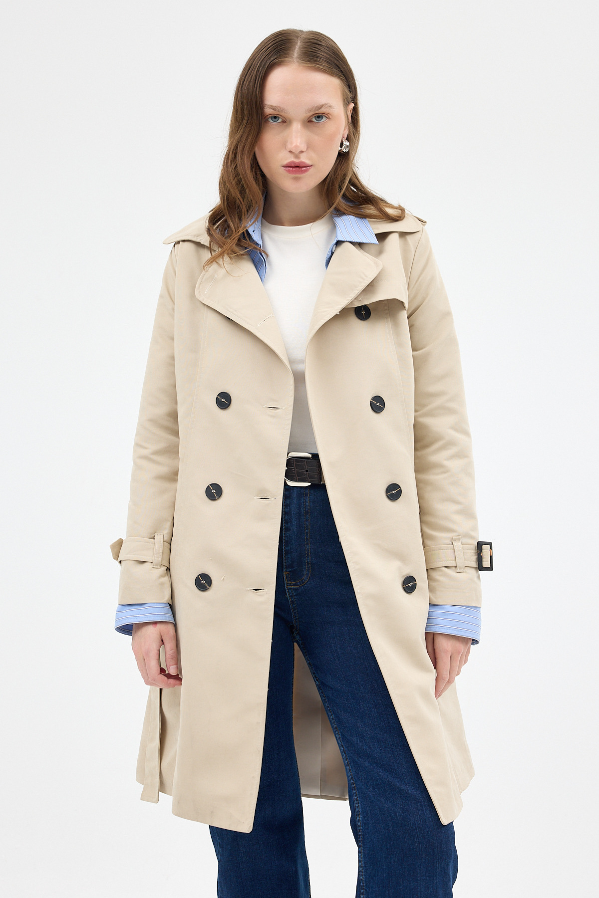 Bej Kruvaze Kuşaklı Kadın Trençkot 3033A - RAYS