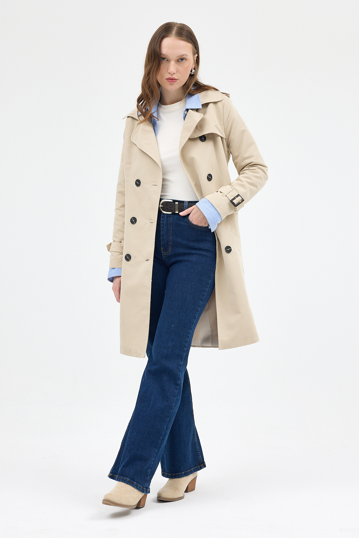Bej Kruvaze Kuşaklı Kadın Trençkot 3033A - 6