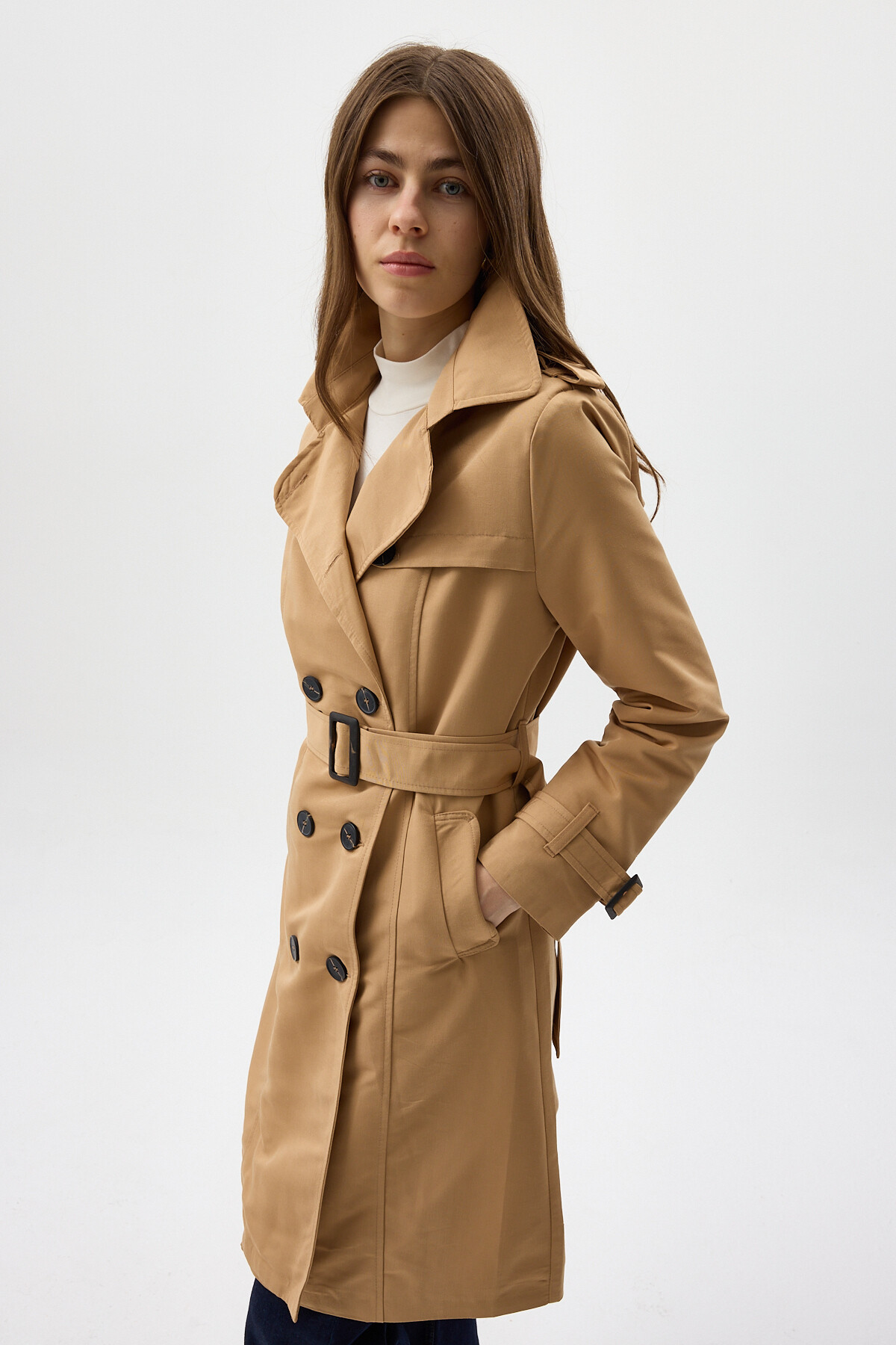 Camel Kruvaze Yaka Bel Bağlamalı Kadın Trençkot 3033A - RAYS
