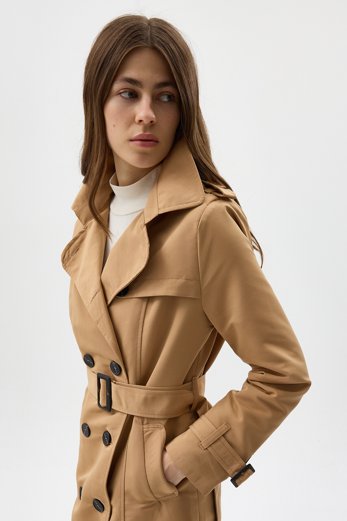 Camel Kruvaze Yaka Bel Bağlamalı Kadın Trençkot 3033A - 6