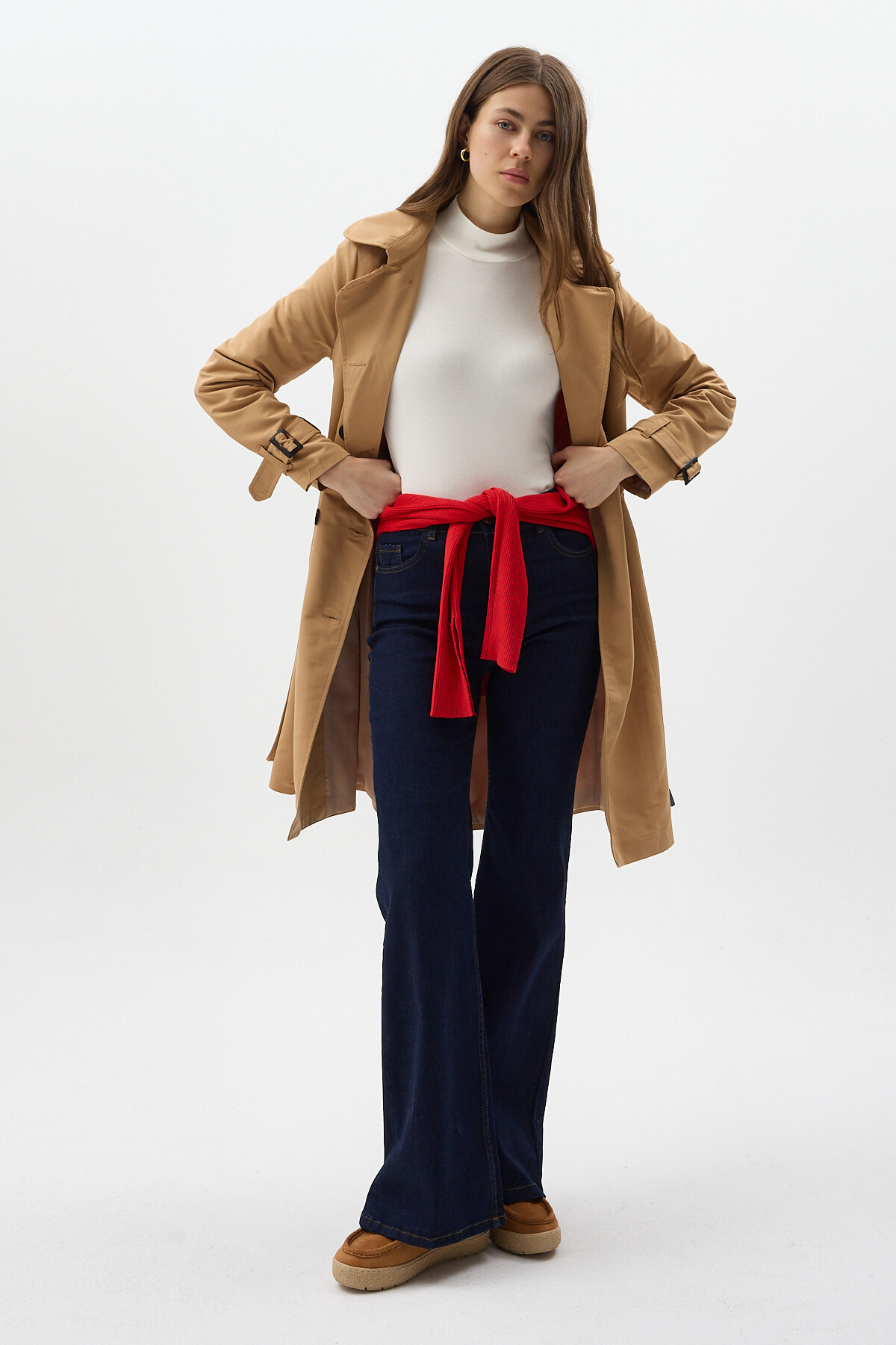 Camel Kruvaze Yaka Bel Bağlamalı Kadın Trençkot 3033A - 7