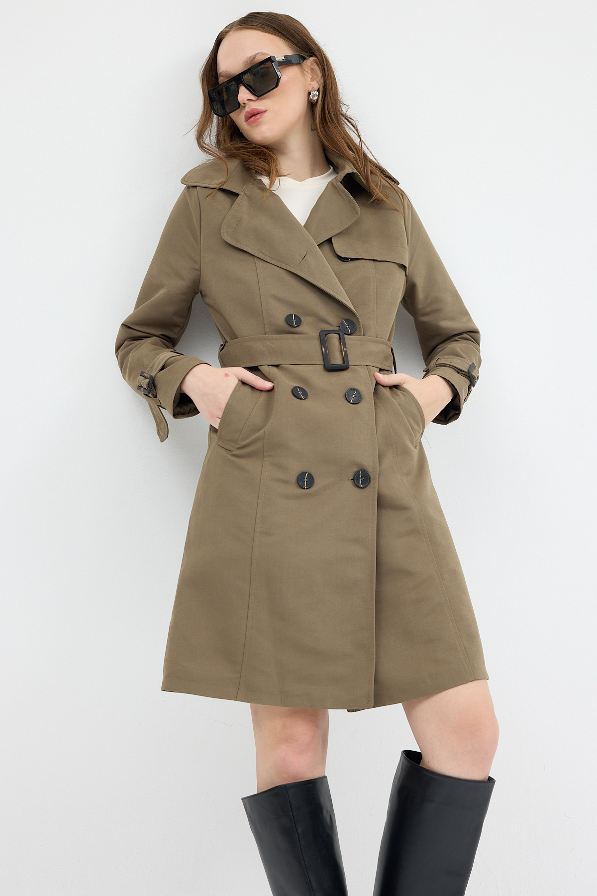 Haki Kruvaze Kuşaklı Kadın Trençkot 3033A - 1