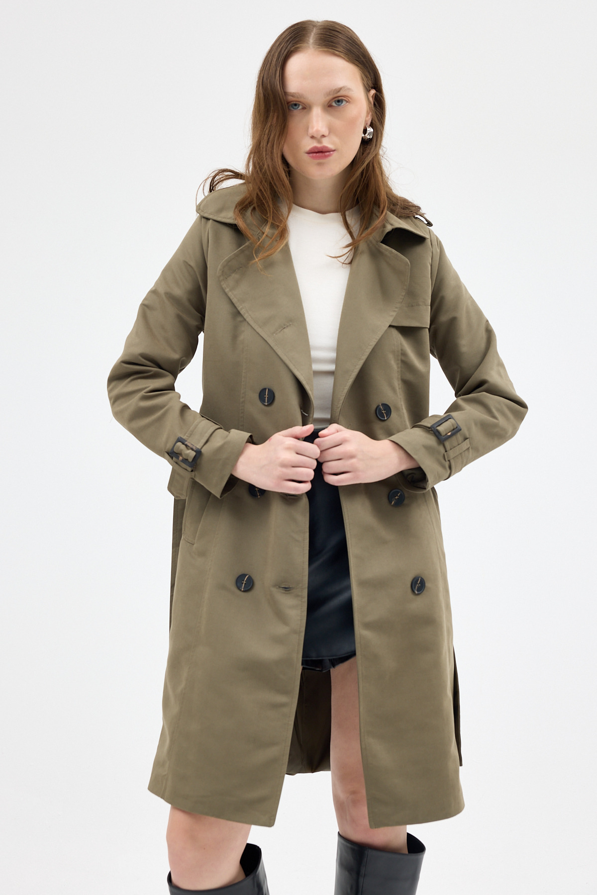 Haki Kruvaze Kuşaklı Kadın Trençkot 3033A - 7