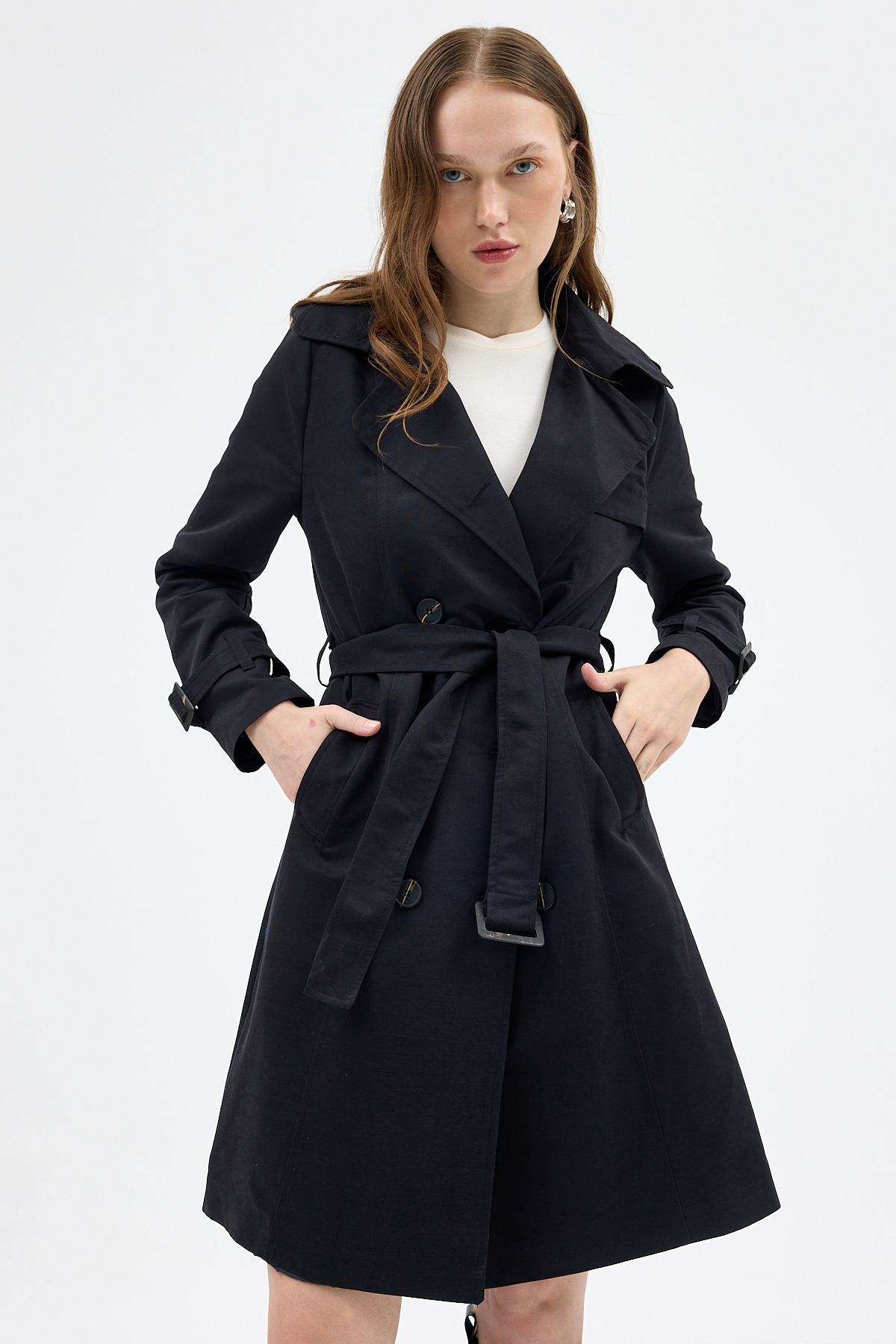 Siyah Kruvaze Kuşaklı Kadın Trençkot 3033A - RAYS (1)