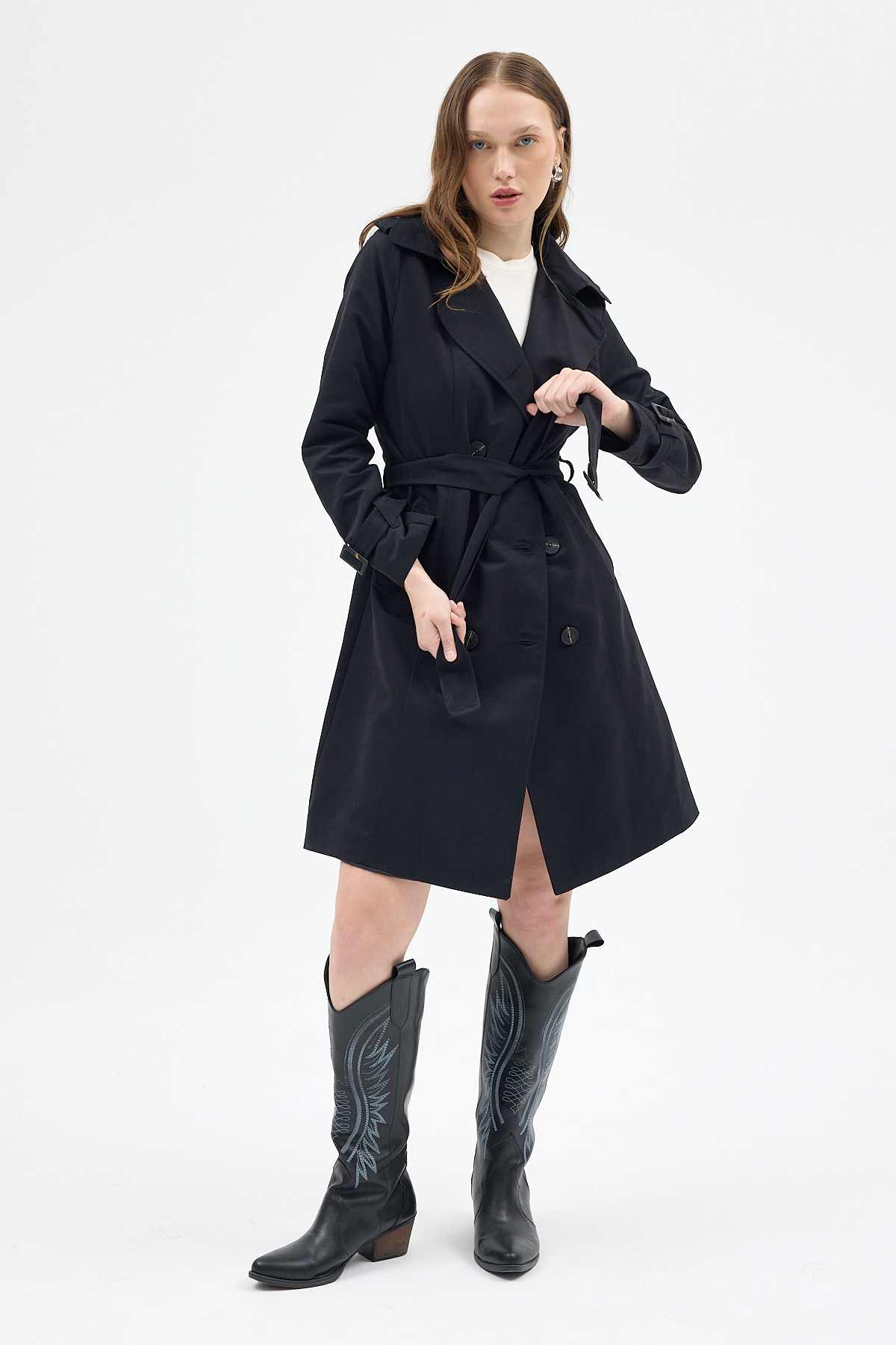 Siyah Kruvaze Kuşaklı Kadın Trençkot 3033A - 1
