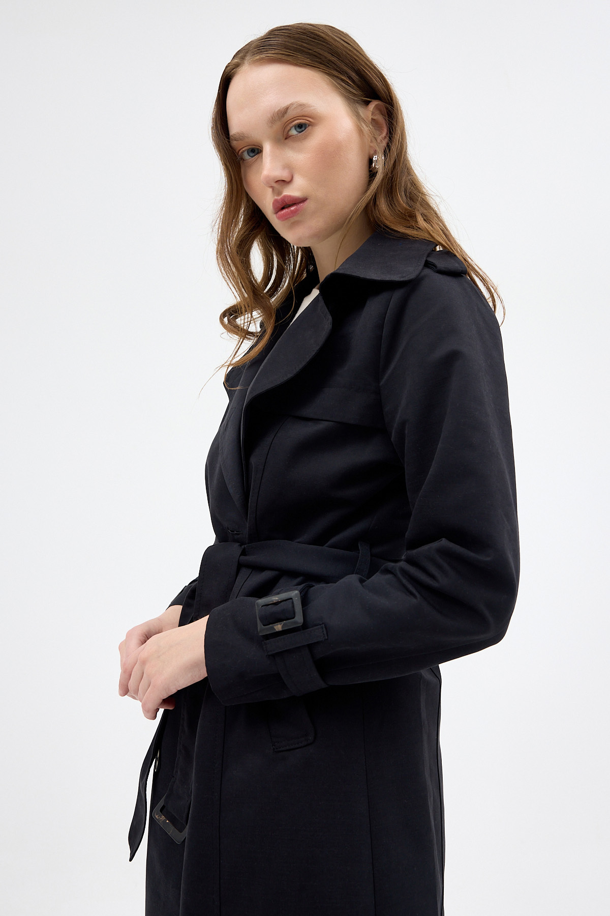 Siyah Kruvaze Kuşaklı Kadın Trençkot 3033A - 4