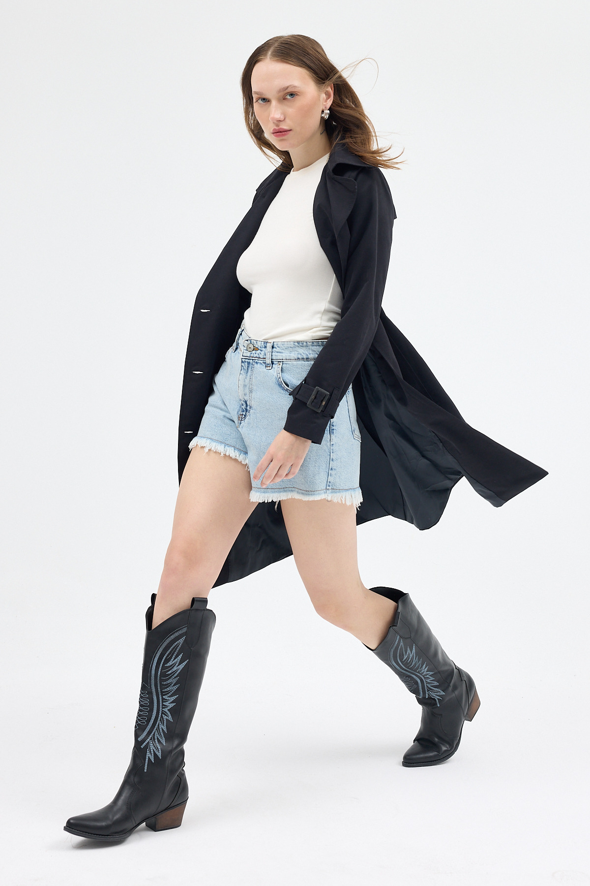 Siyah Kruvaze Kuşaklı Kadın Trençkot 3033A - 3