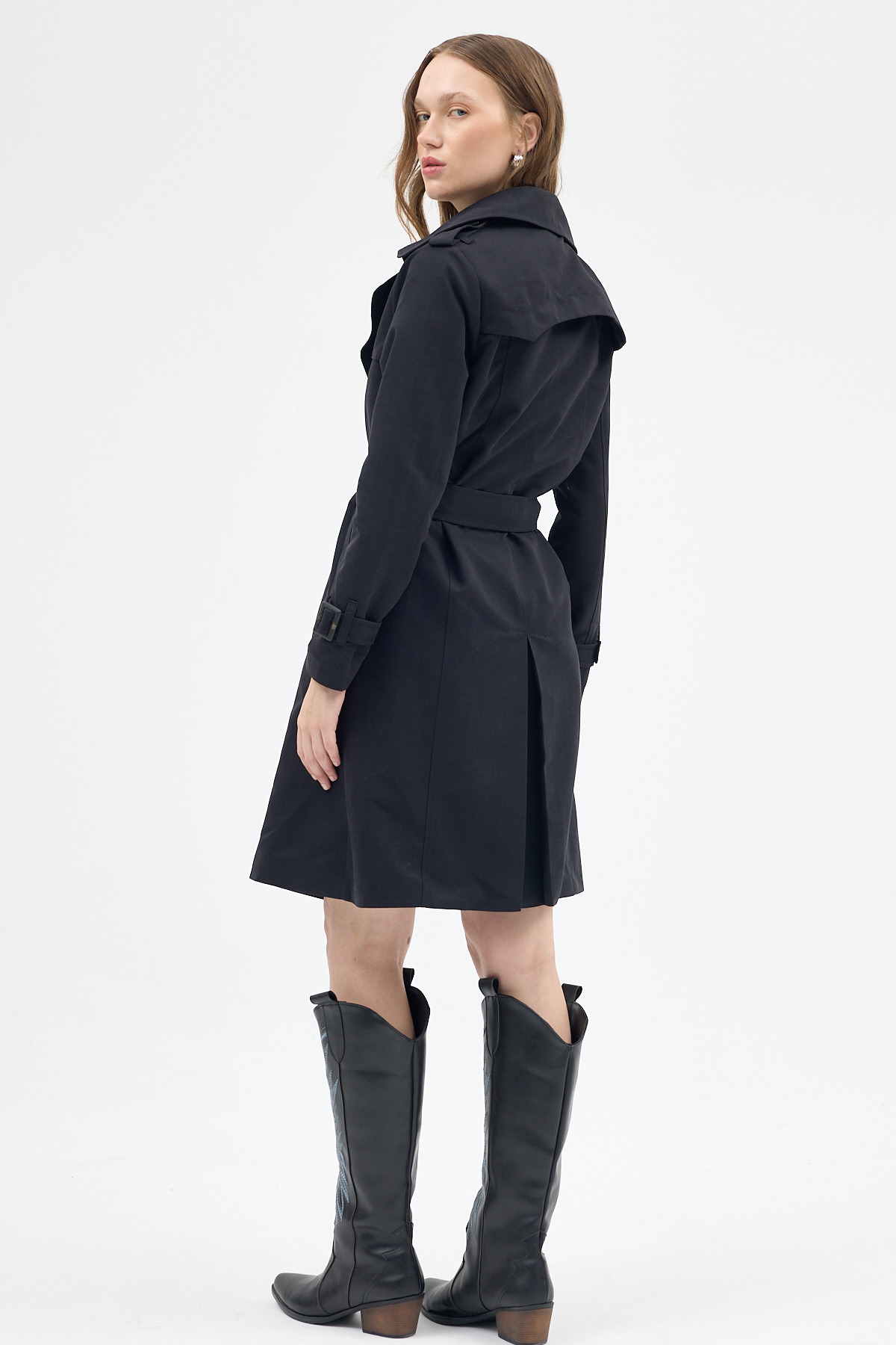 Siyah Kruvaze Kuşaklı Kadın Trençkot 3033A - 5