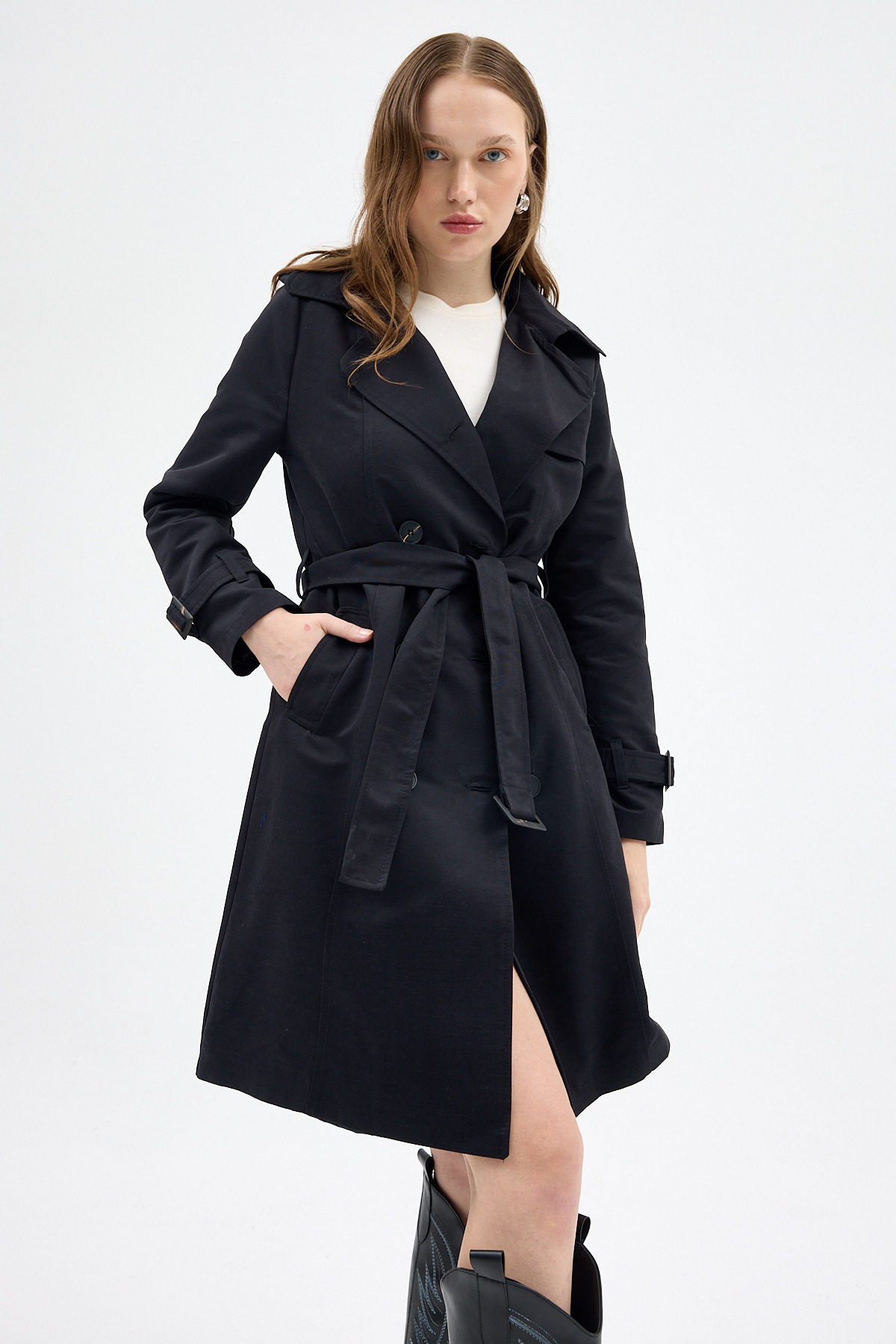 Siyah Kruvaze Kuşaklı Kadın Trençkot 3033A - 6