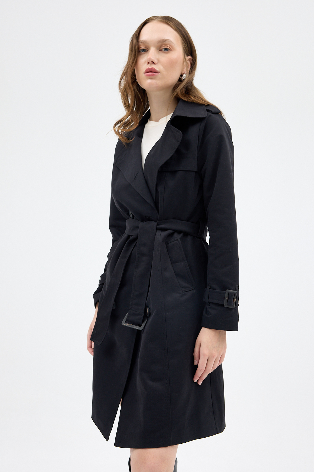 Siyah Kruvaze Kuşaklı Kadın Trençkot 3033A - 7