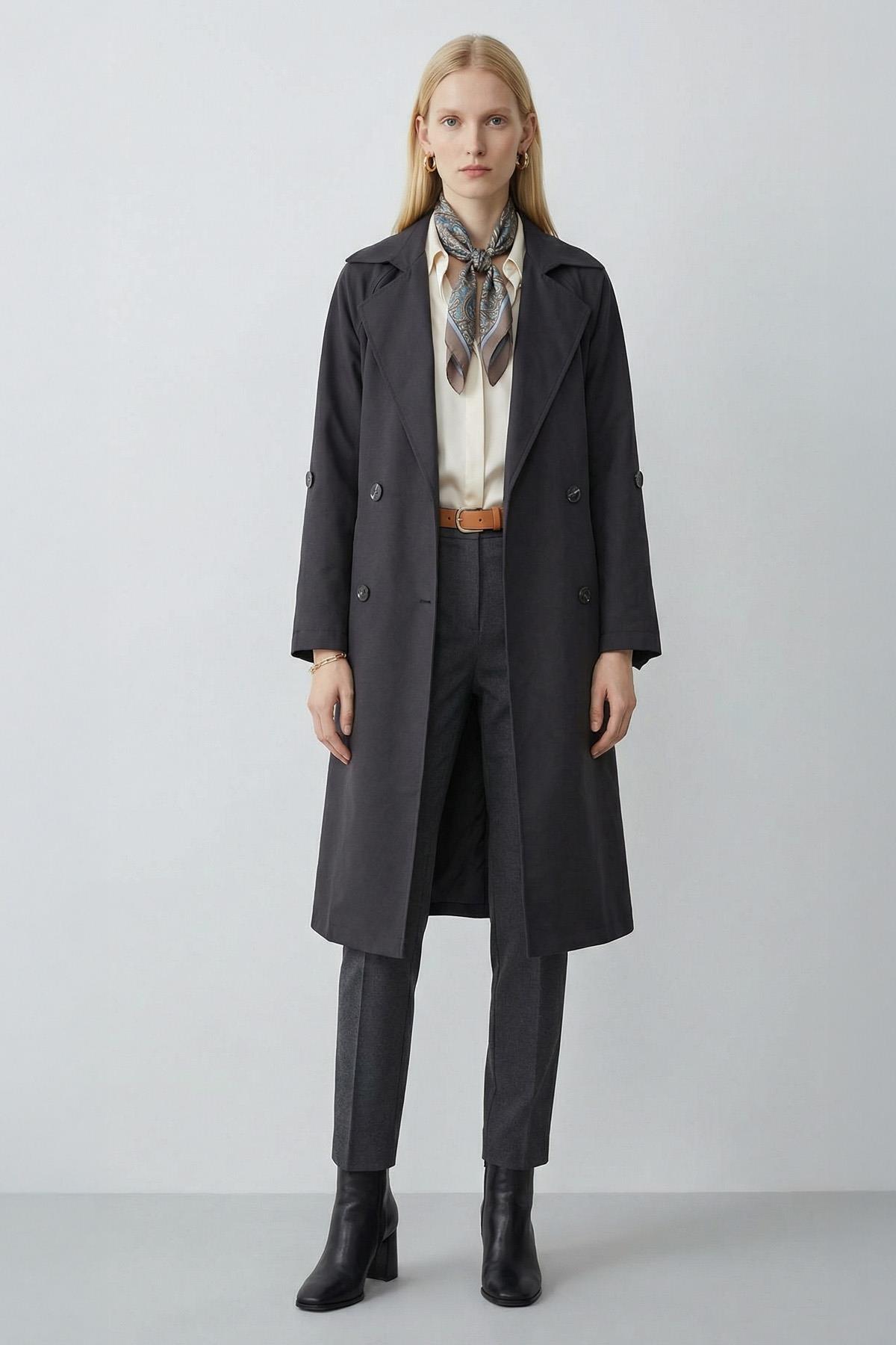 3034A Bel Bağlama Detay Uzun Trençkot Siyah - 1