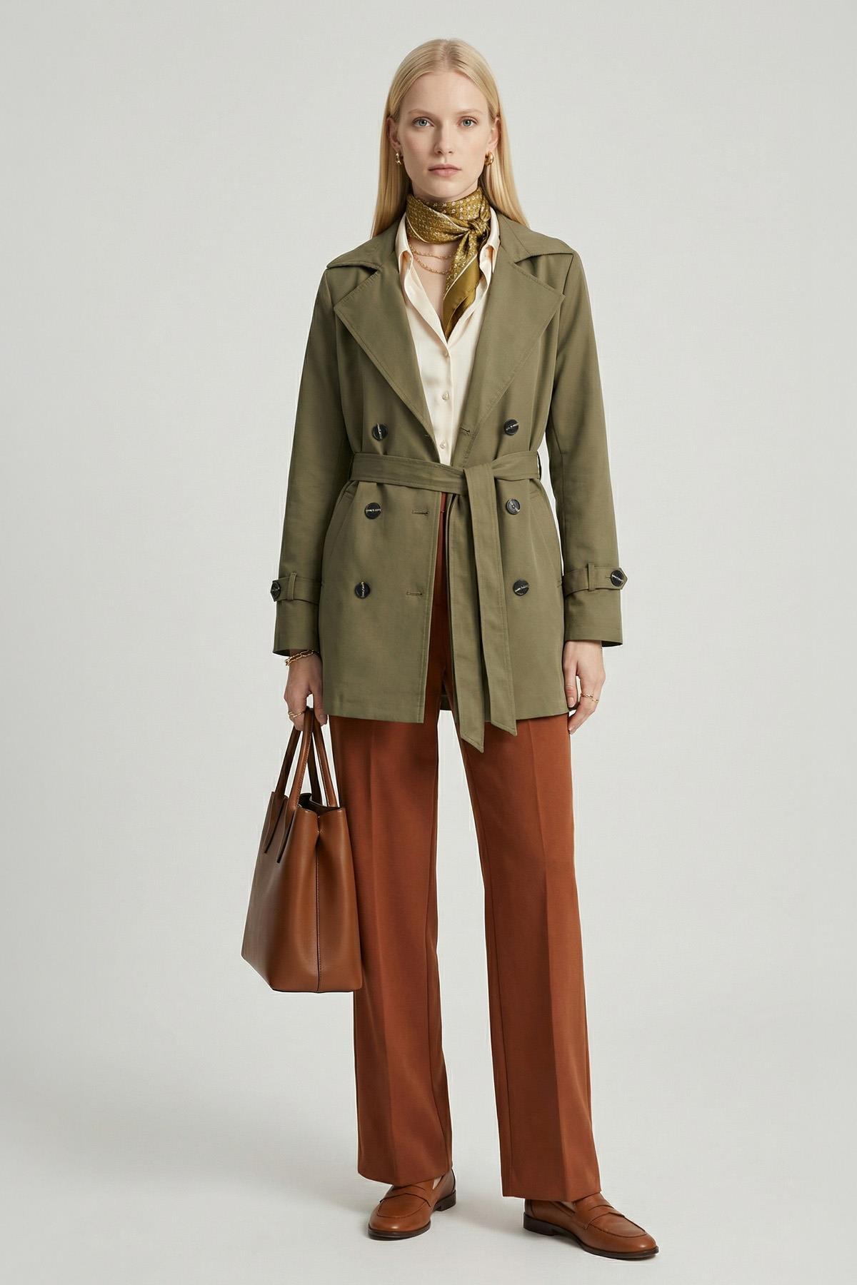 3036A Bel Bağlamalı Kısa Trençkot Haki 