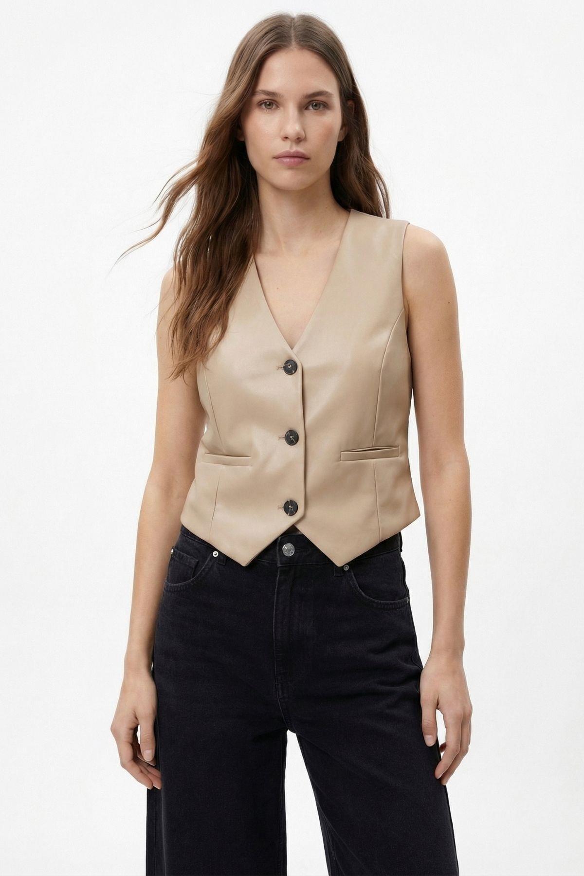 Camel Sahte Cep Detay Yelek 3040A - 1