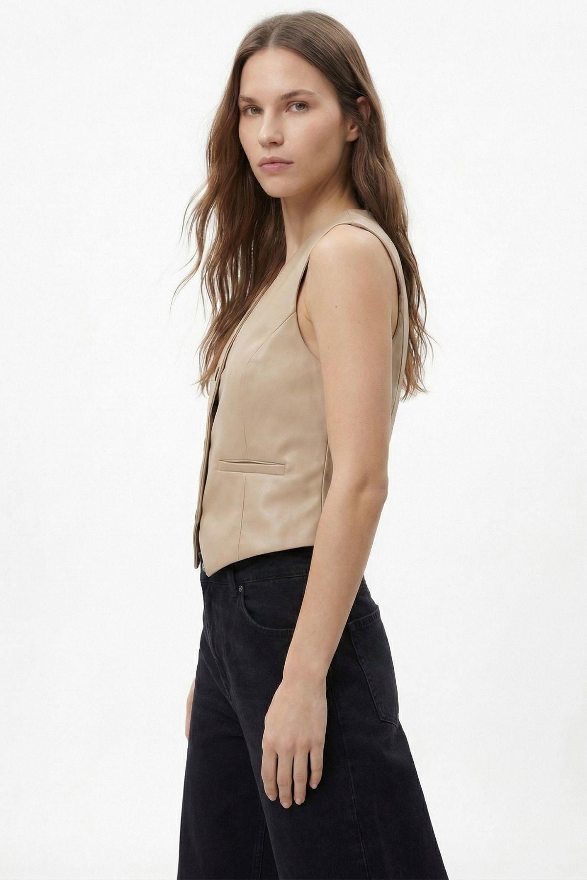 Camel Sahte Cep Detay Yelek 3040A - 2