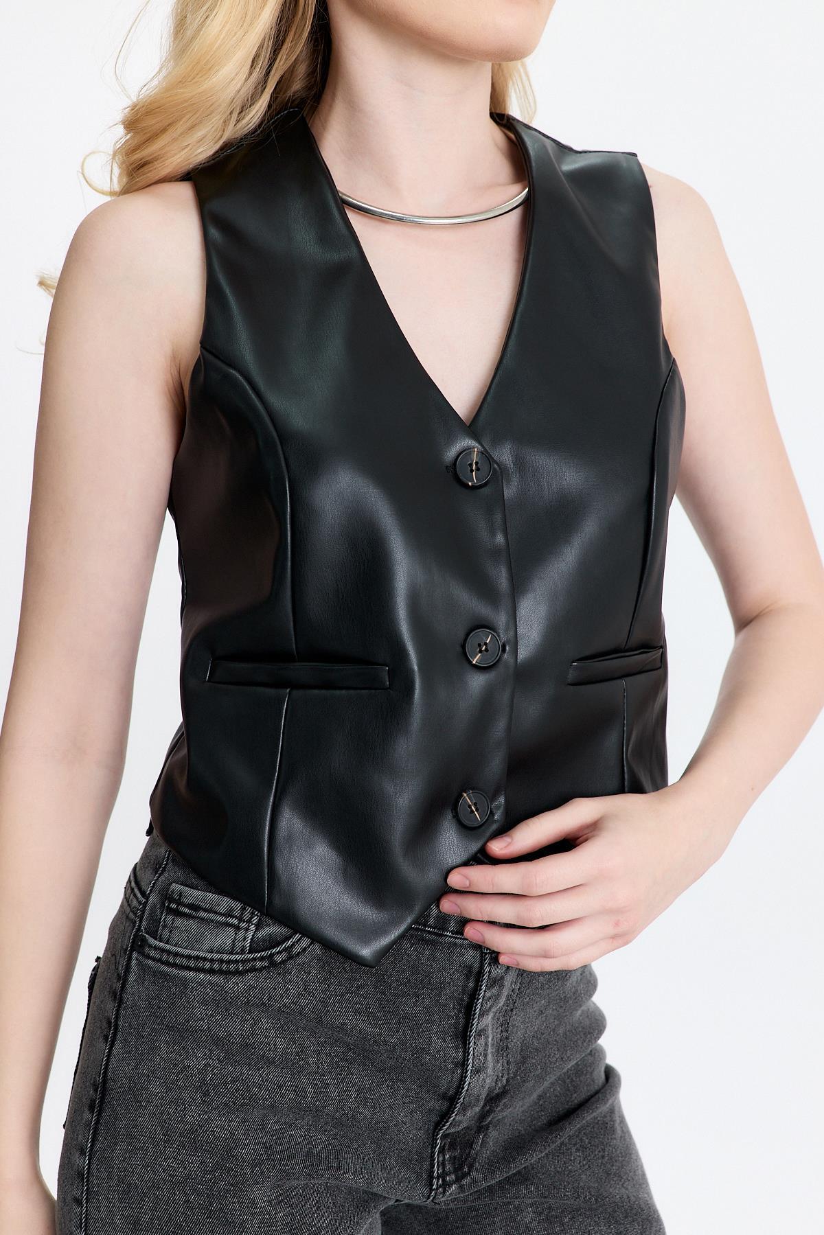 3040A Sahte Cep Detay Yelek Siyah - 4