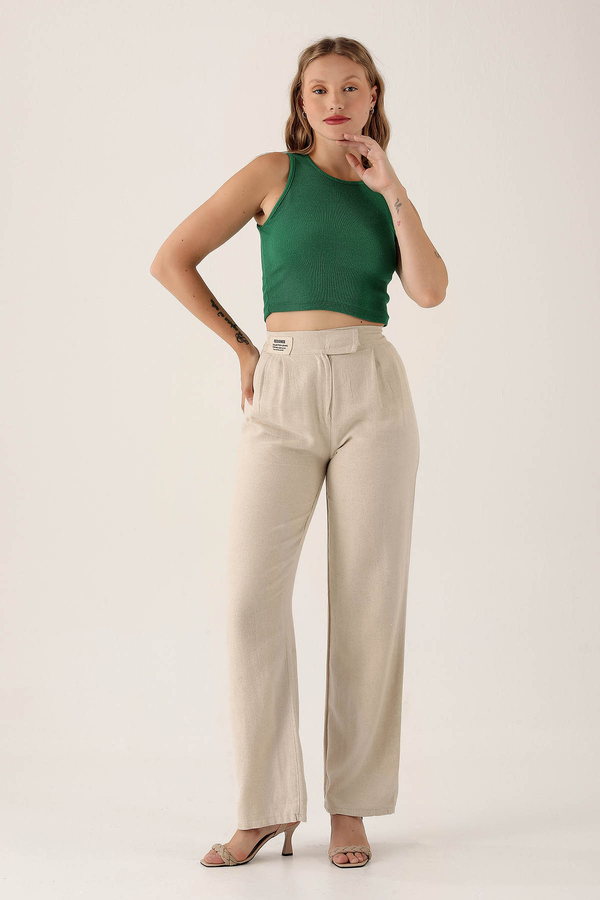 3044 Bel Bantlı Palazzo Pantolon Natural - 1