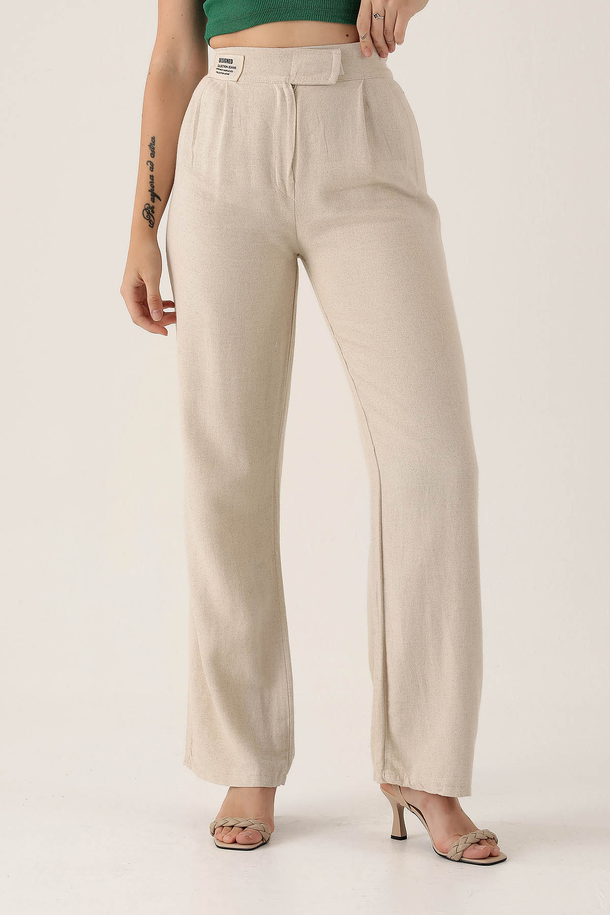 3044 Bel Bantlı Palazzo Pantolon Natural - 3