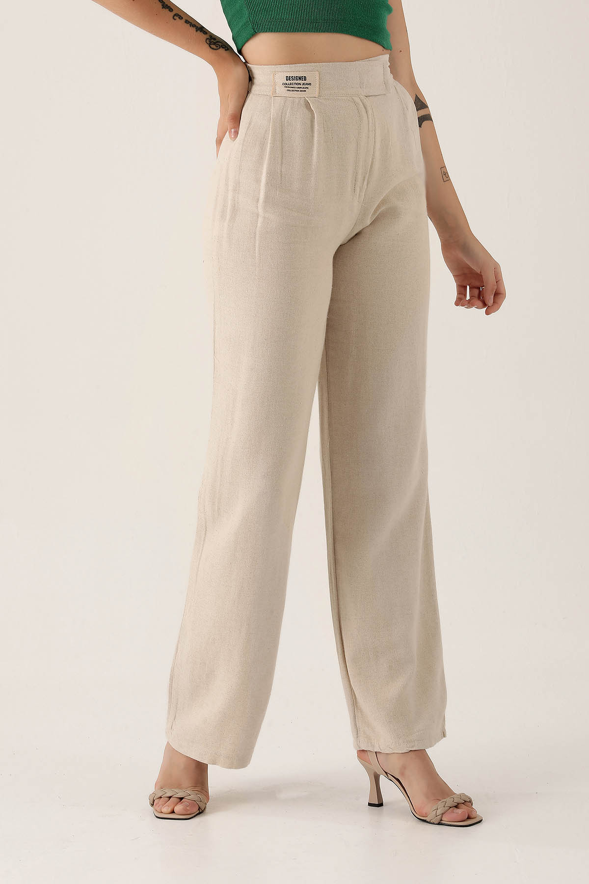 3044 Bel Bantlı Palazzo Pantolon Natural - 4