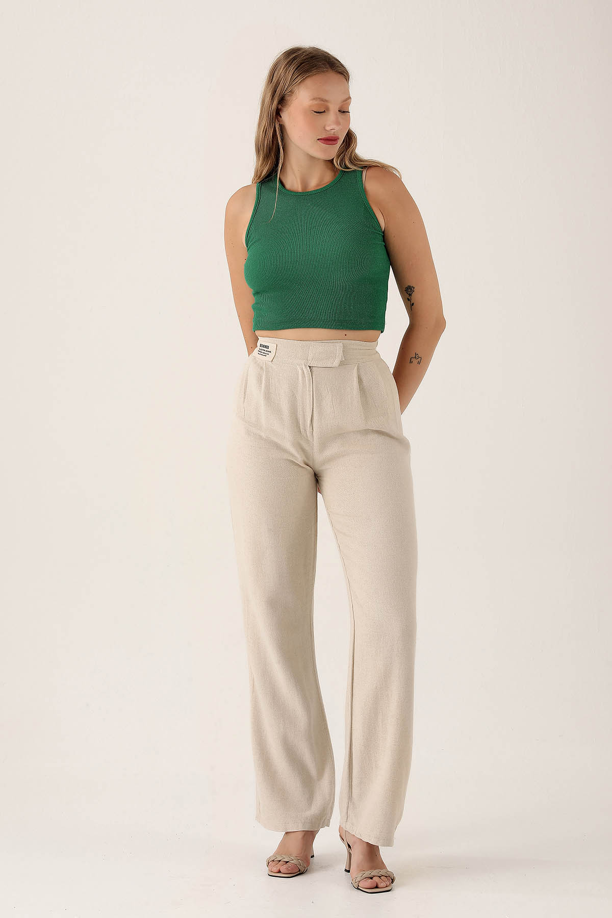 3044 Bel Bantlı Palazzo Pantolon Natural - 2