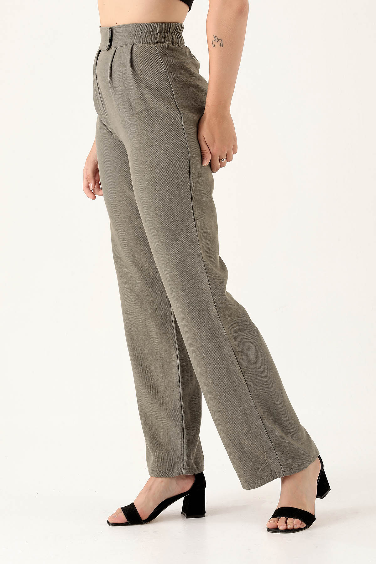 3044 Bel Bantlı Palazzo Pantolon Olive Yeşili - 5