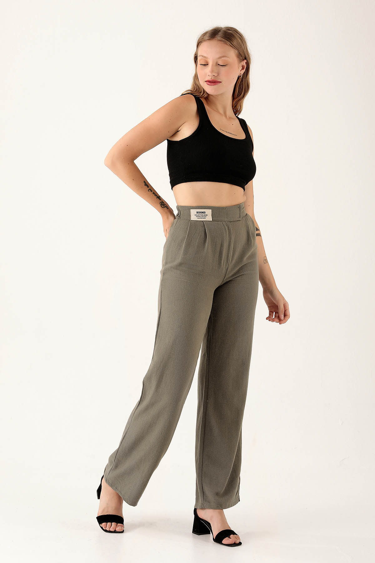 3044 Bel Bantlı Palazzo Pantolon Olive Yeşili - 3