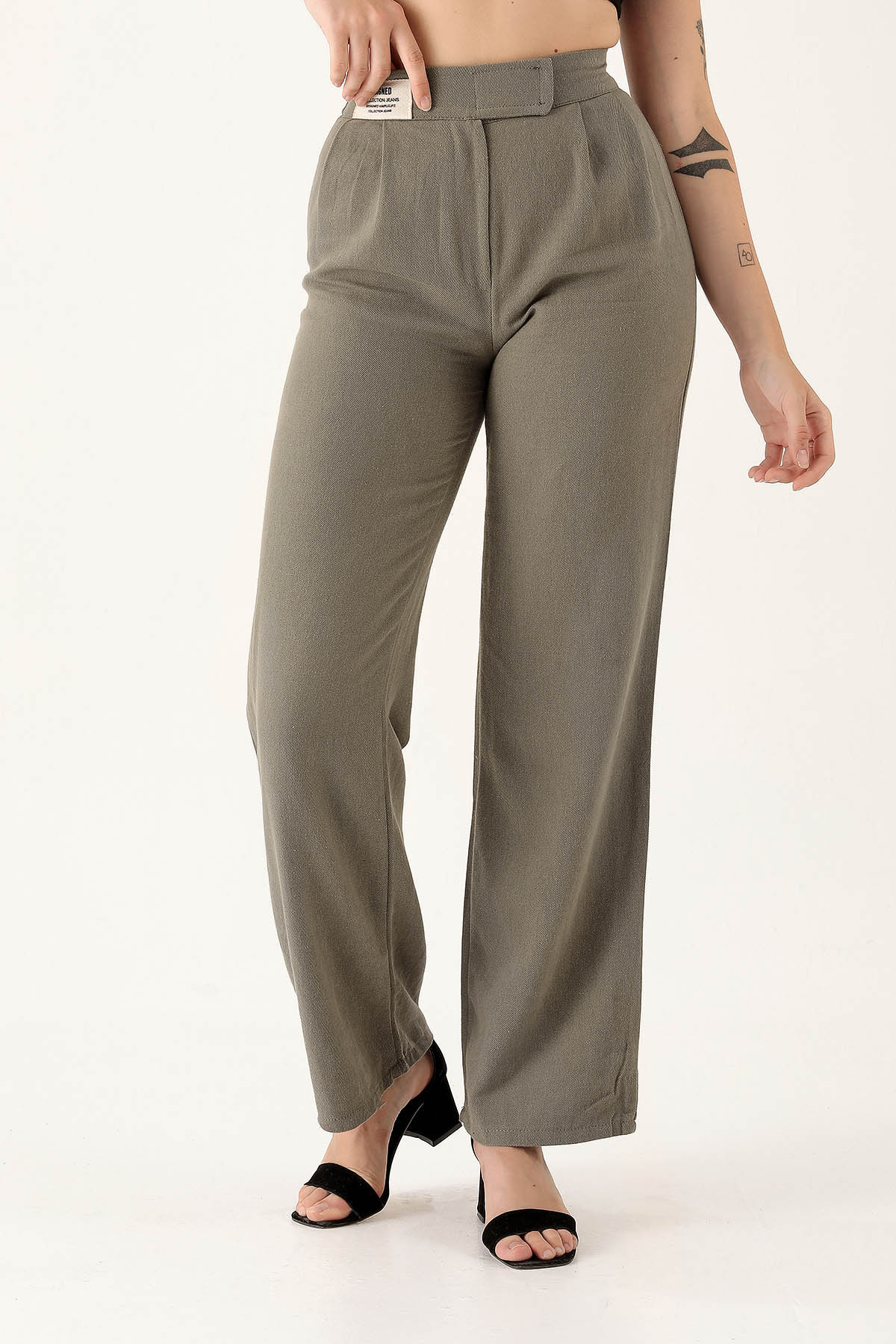 Olive Yeşili Bel Bantlı Palazzo Pantolon 3044 - 4