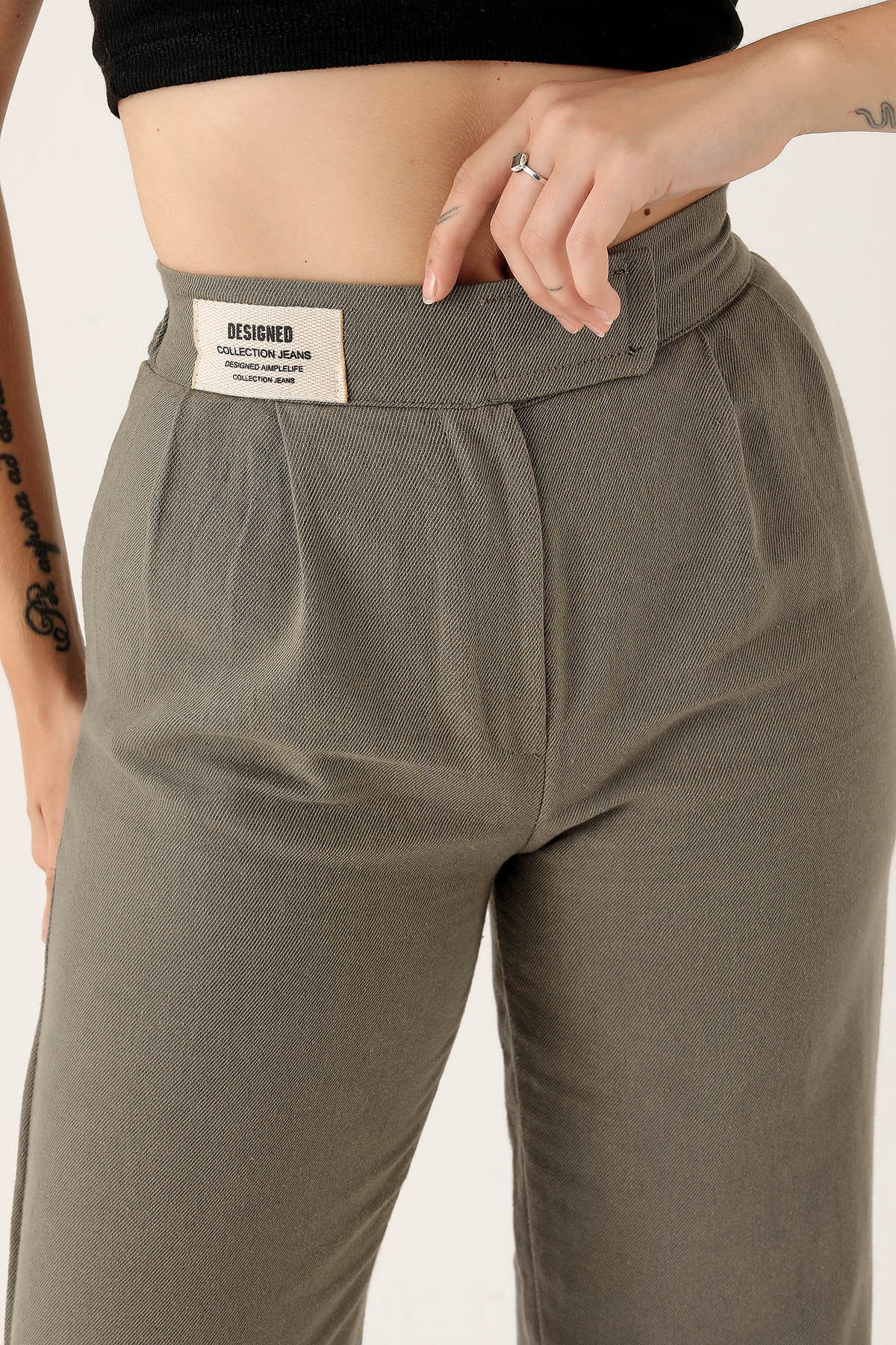 Olive Yeşili Bel Bantlı Palazzo Pantolon 3044 - 7