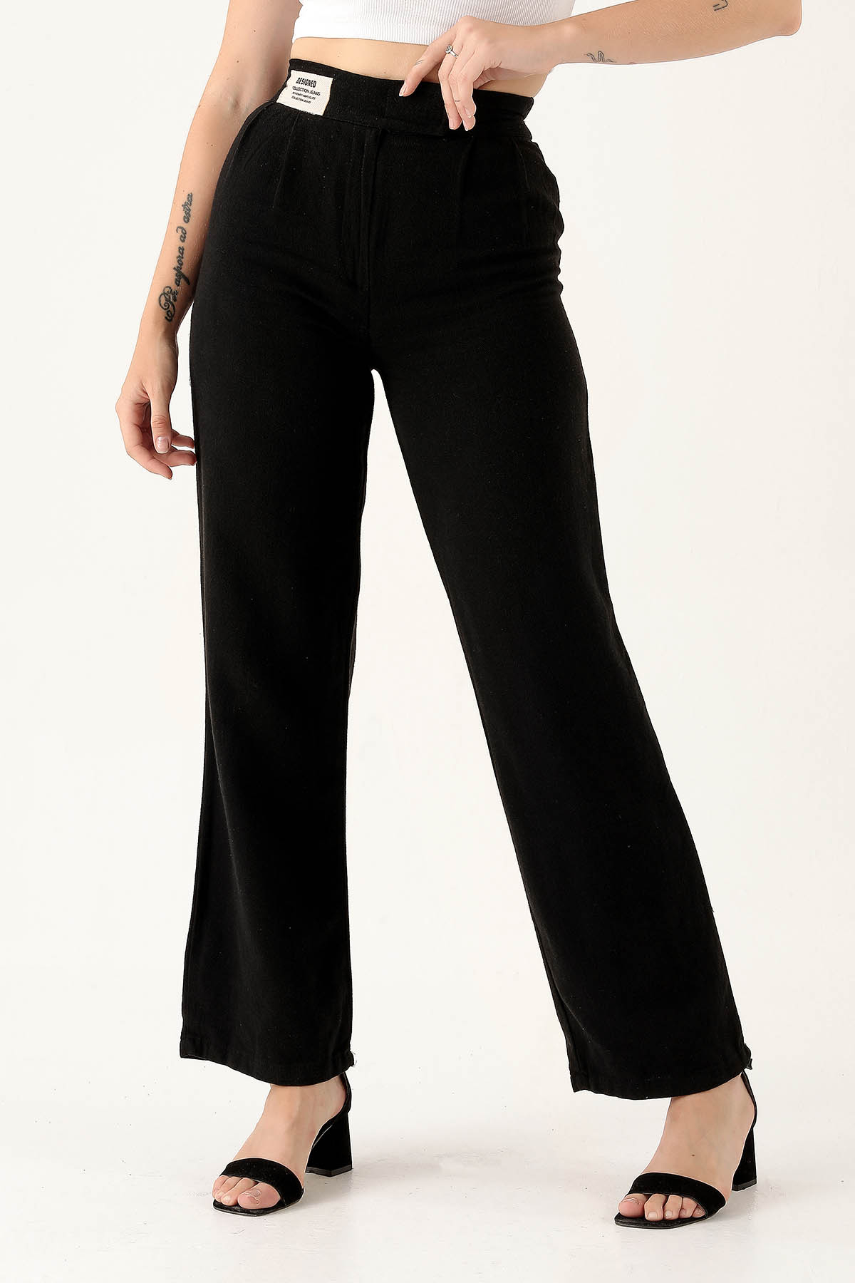 3044 Bel Bantlı Palazzo Pantolon Siyah - 3