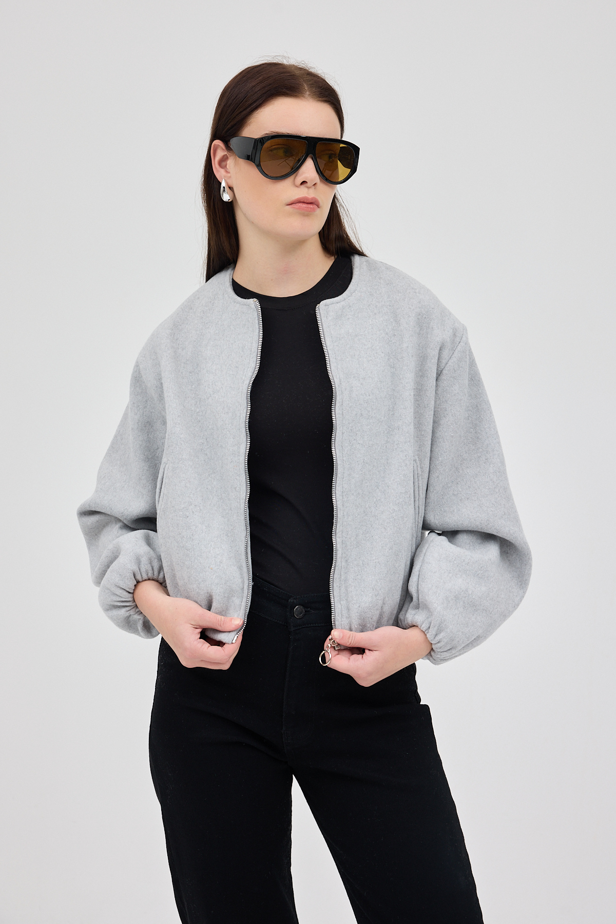 Gri Balon Kol Fermuarlı Astarlı Kısa Kadın Ceket 3053A - RAYS