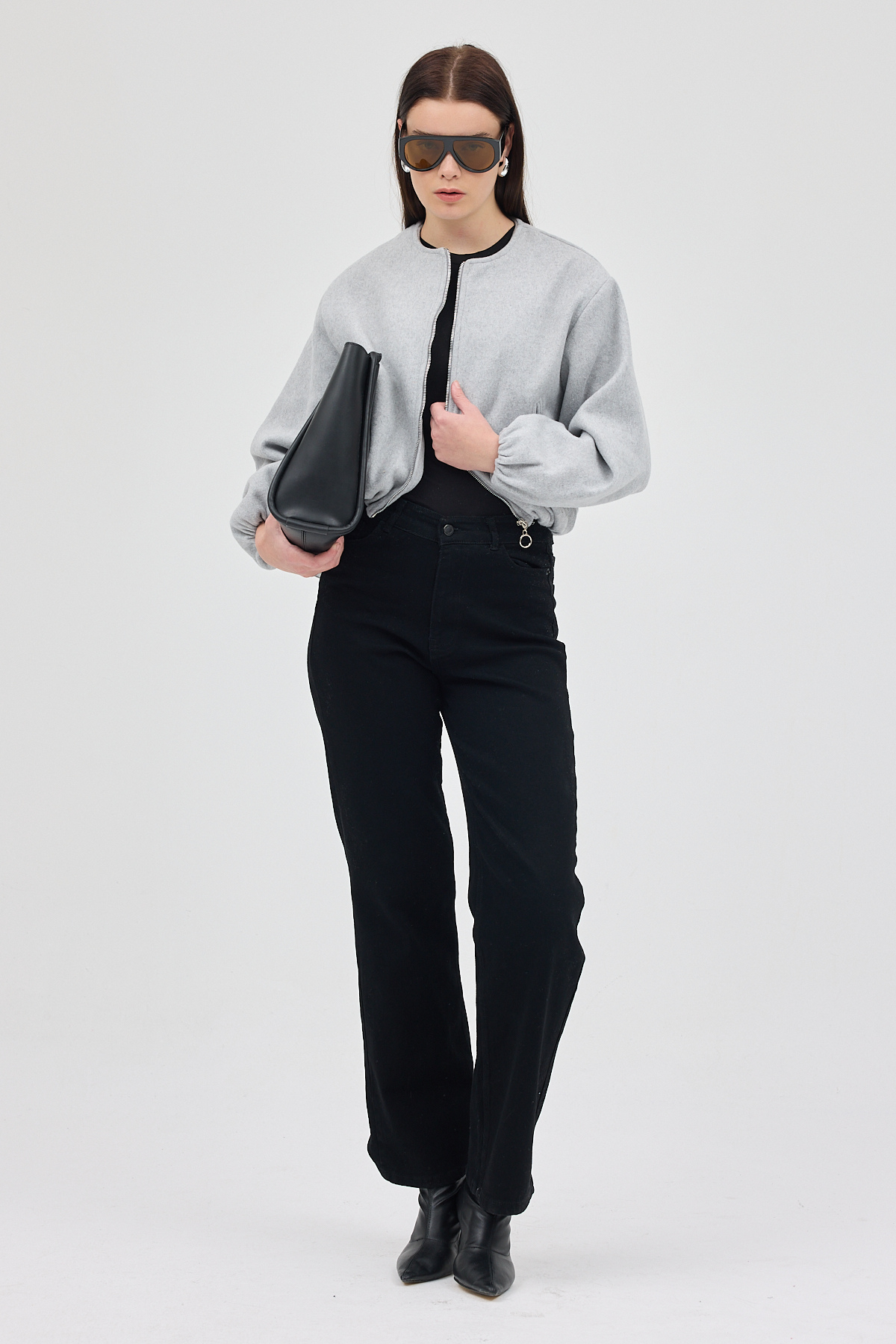 Gri Balon Kol Fermuarlı Astarlı Kısa Kadın Ceket 3053A - RAYS