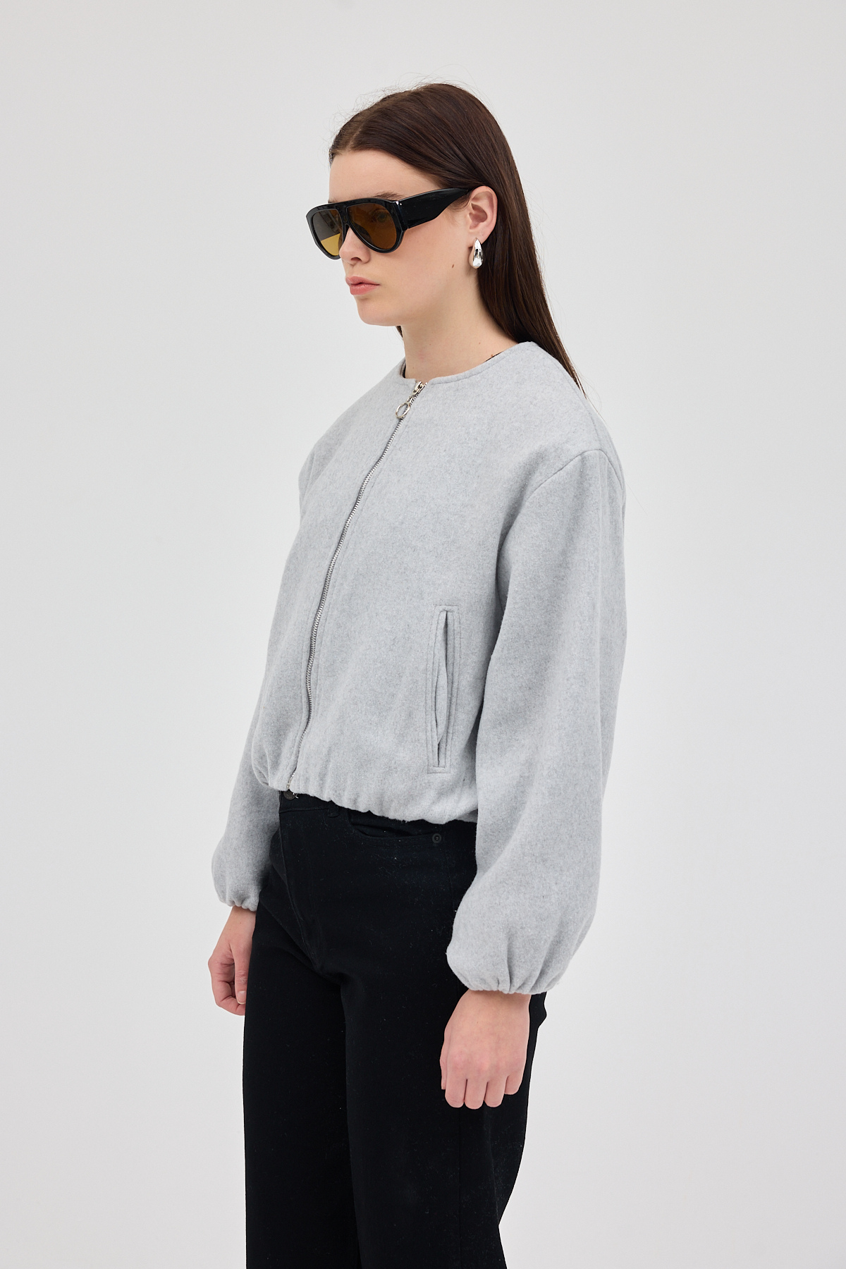 Gri Balon Kol Fermuarlı Astarlı Kısa Kadın Ceket 3053A - RAYS