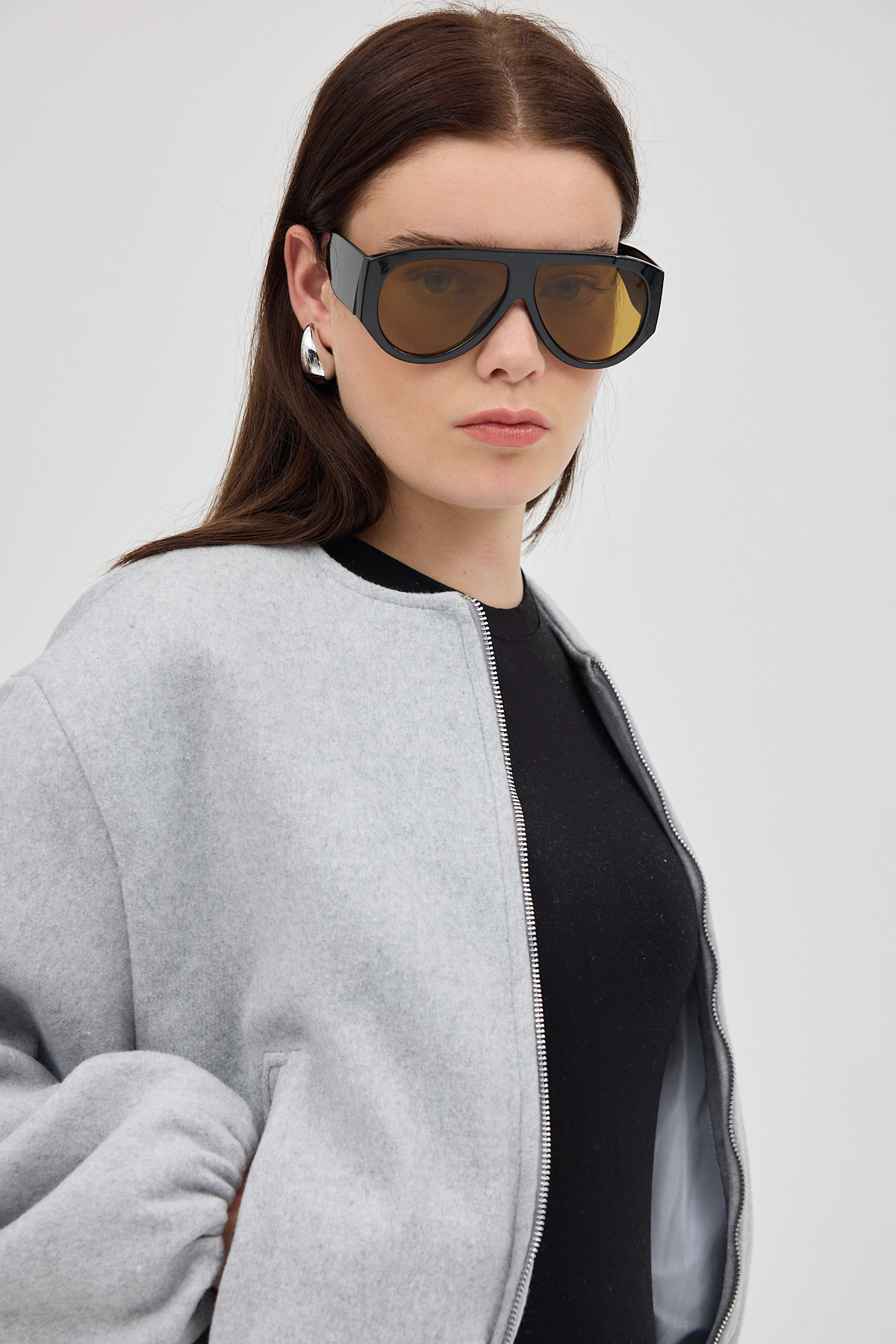 Gri Balon Kol Fermuarlı Astarlı Kısa Kadın Ceket 3053A - RAYS