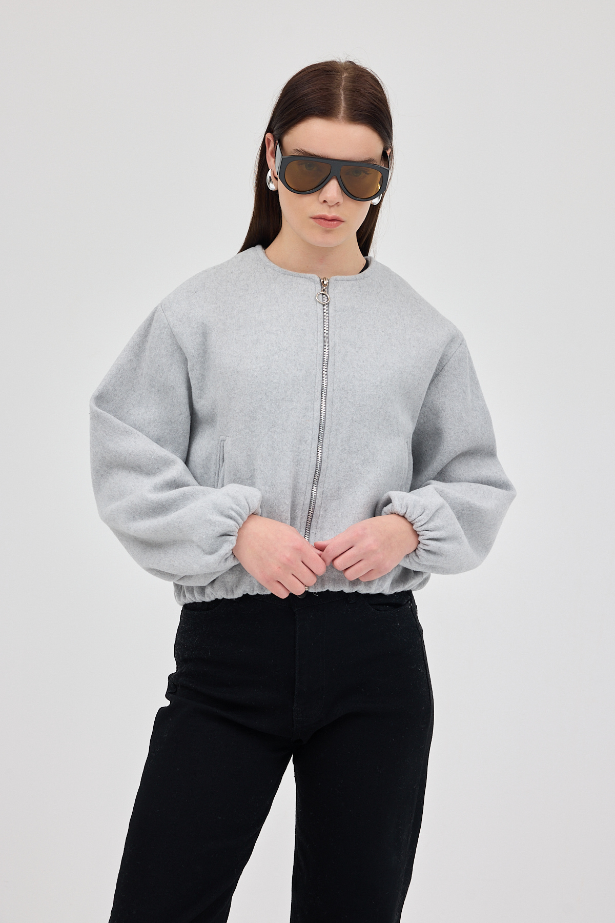 Gri Balon Kol Fermuarlı Astarlı Kısa Kadın Ceket 3053A - 7