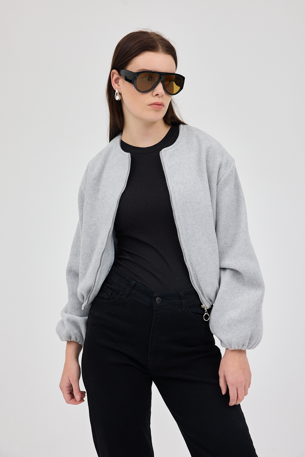 Gri Balon Kol Fermuarlı Astarlı Kısa Kadın Ceket 3053A - 6