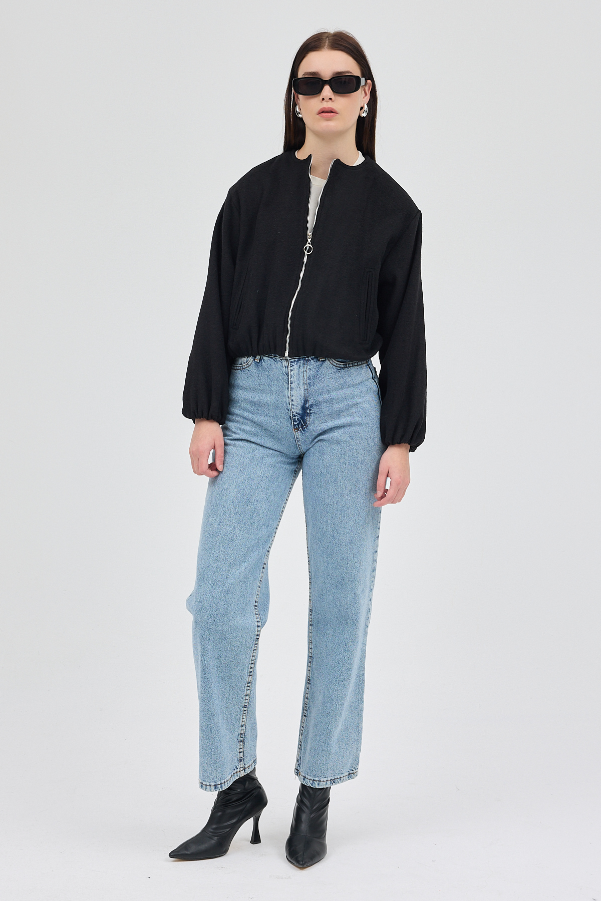 Siyah Balon Kol Fermuarlı Astarlı Kısa Kadın Ceket 3053A - RAYS