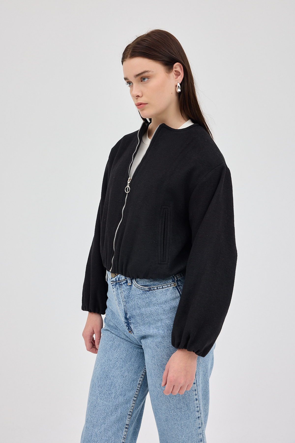 Siyah Balon Kol Fermuarlı Astarlı Kısa Kadın Ceket 3053A - 2