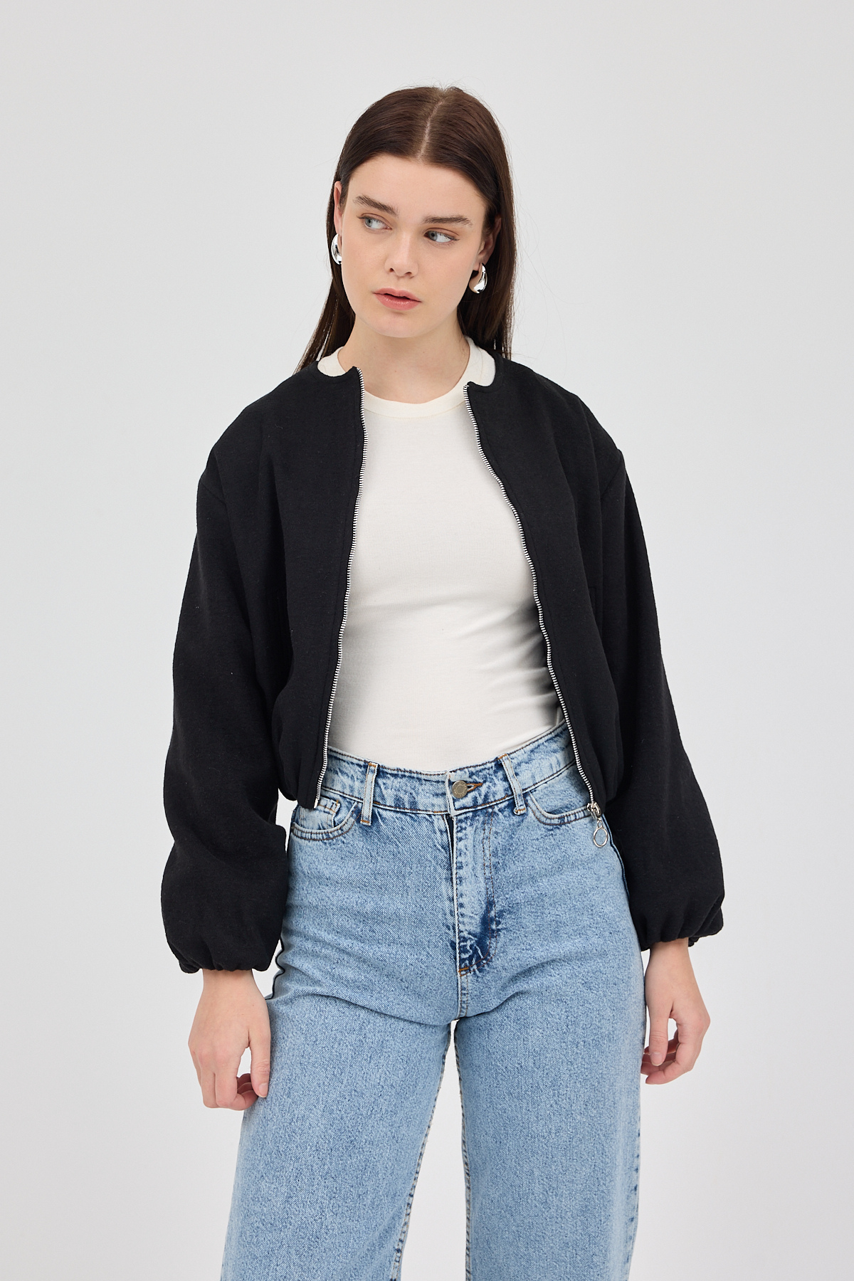 Siyah Balon Kol Fermuarlı Astarlı Kısa Kadın Ceket 3053A - 7