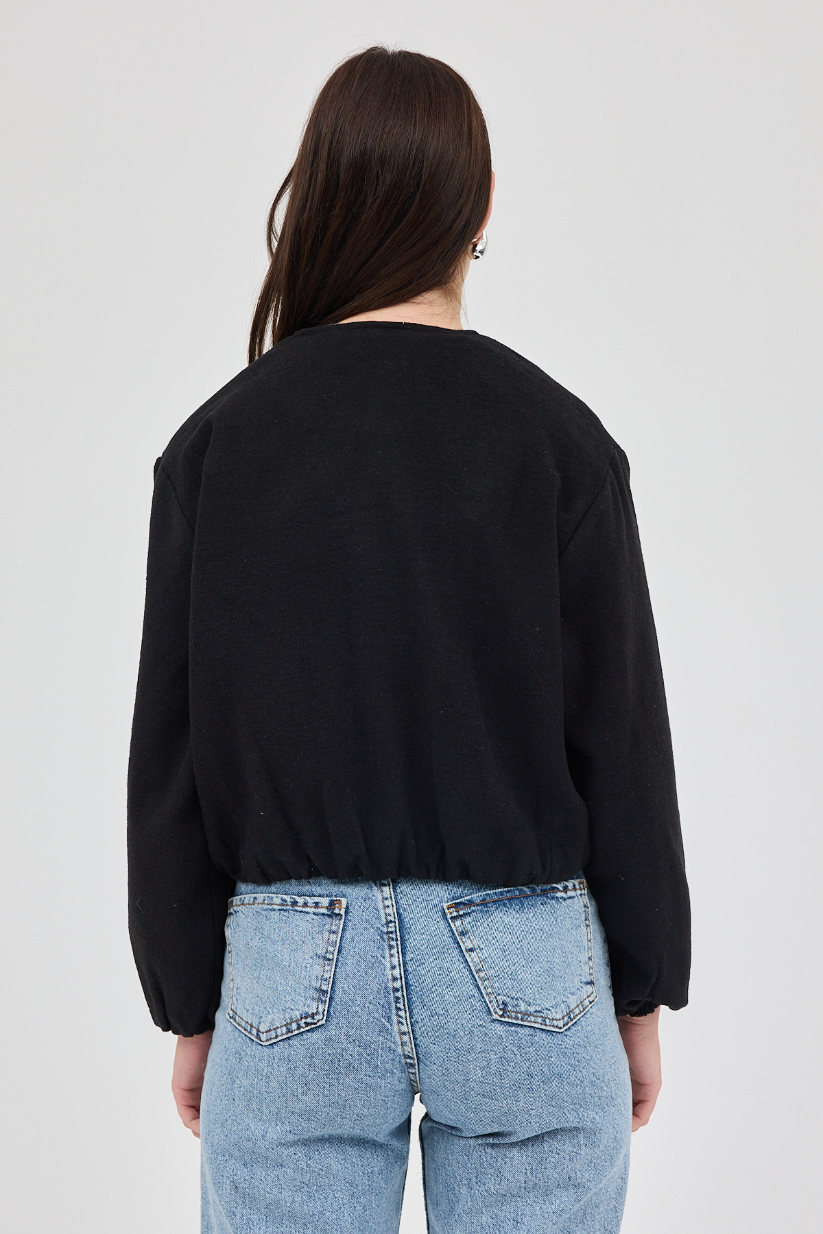 Siyah Balon Kol Fermuarlı Astarlı Kısa Kadın Ceket 3053A - 5