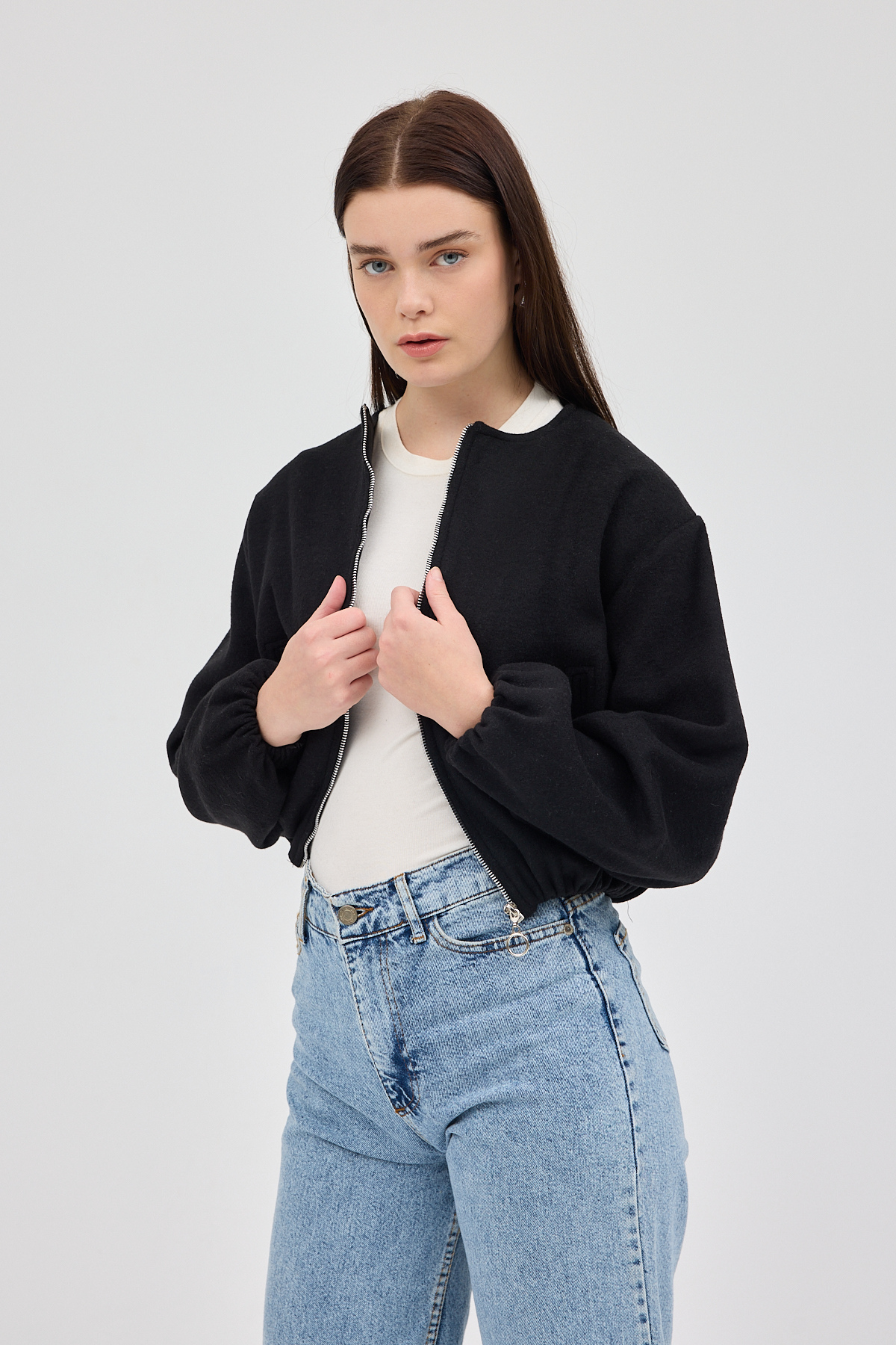 Siyah Balon Kol Fermuarlı Astarlı Kısa Kadın Ceket 3053A - 6