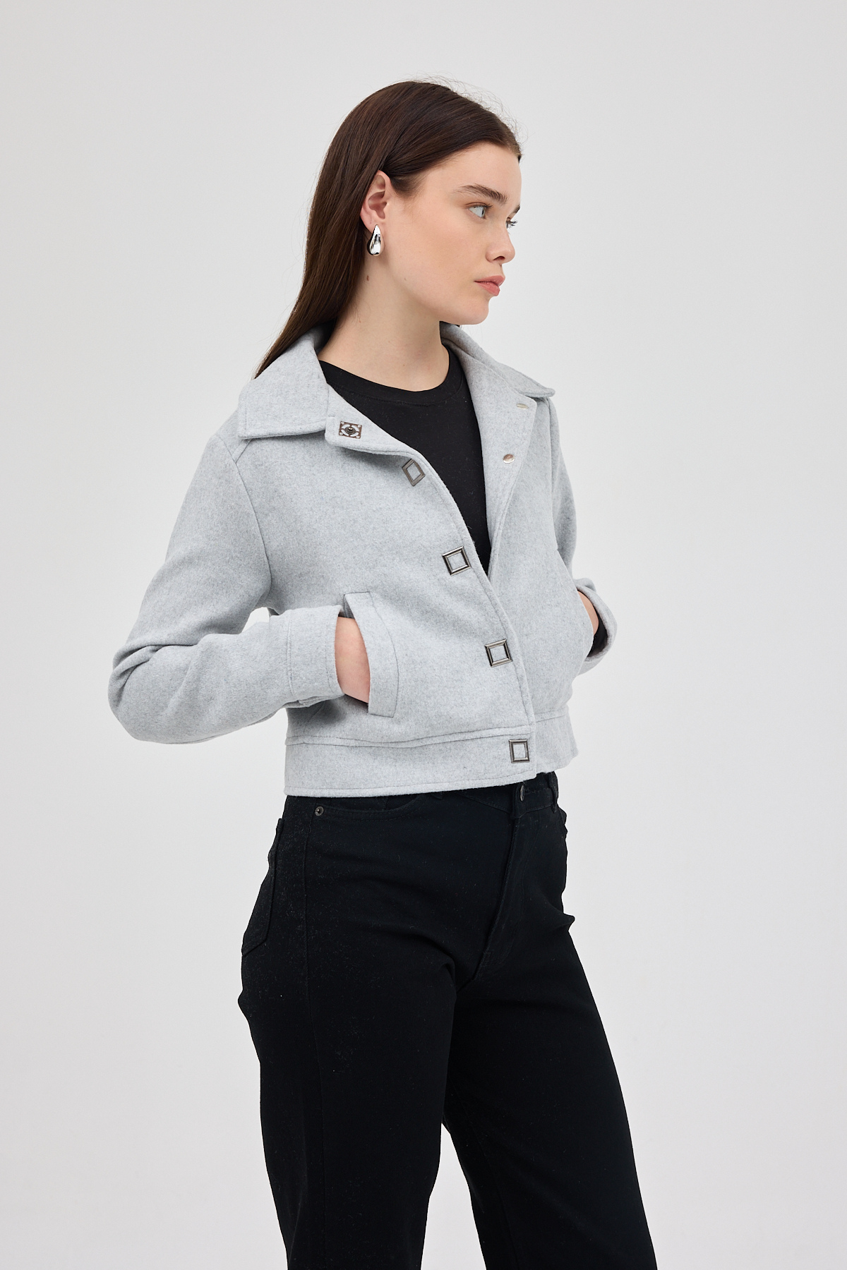 Gri Kısa Astarlı Kaşe Kadın Ceket 3055A - RAYS