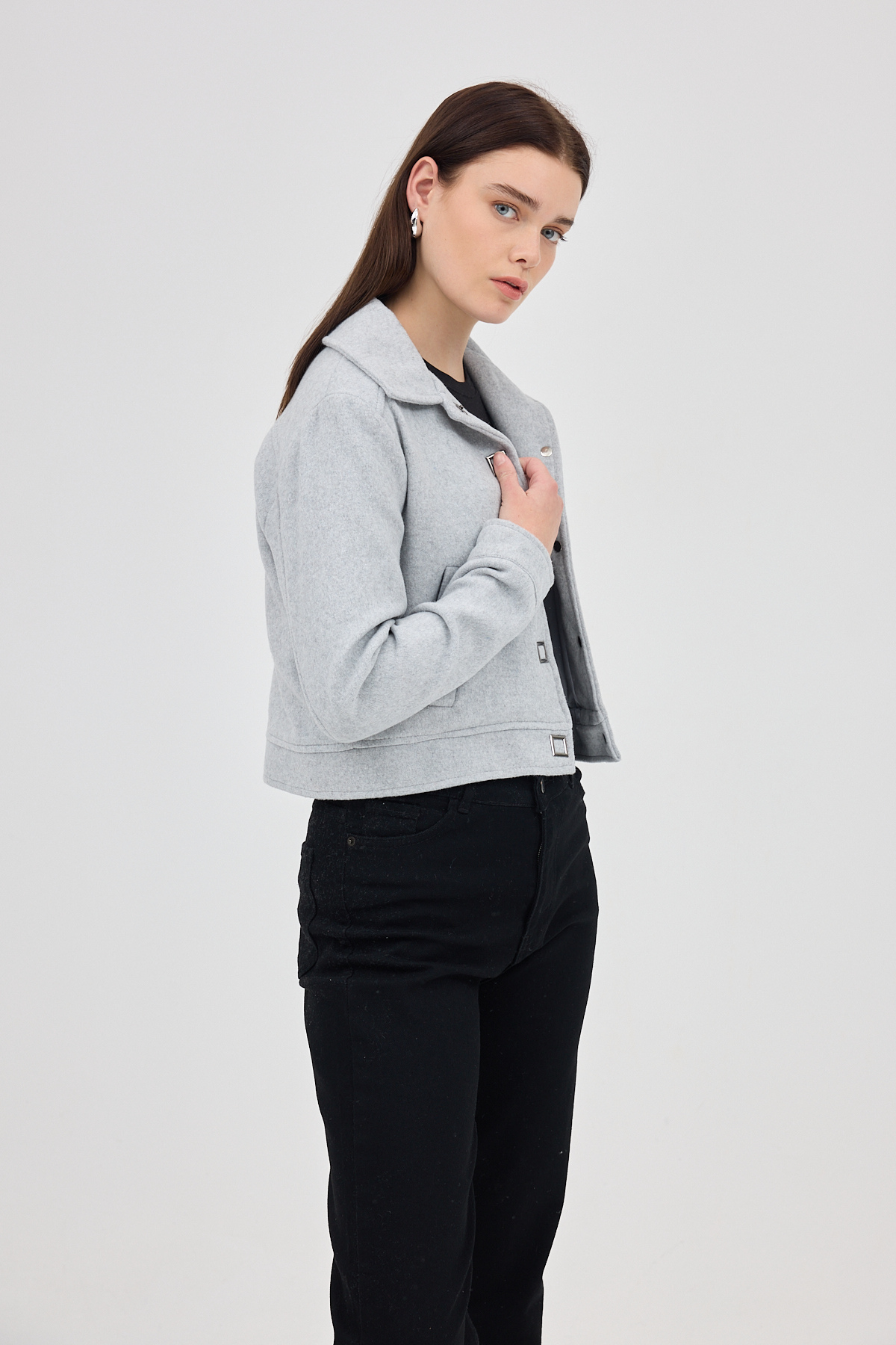 Gri Kısa Astarlı Kaşe Kadın Ceket 3055A - 7