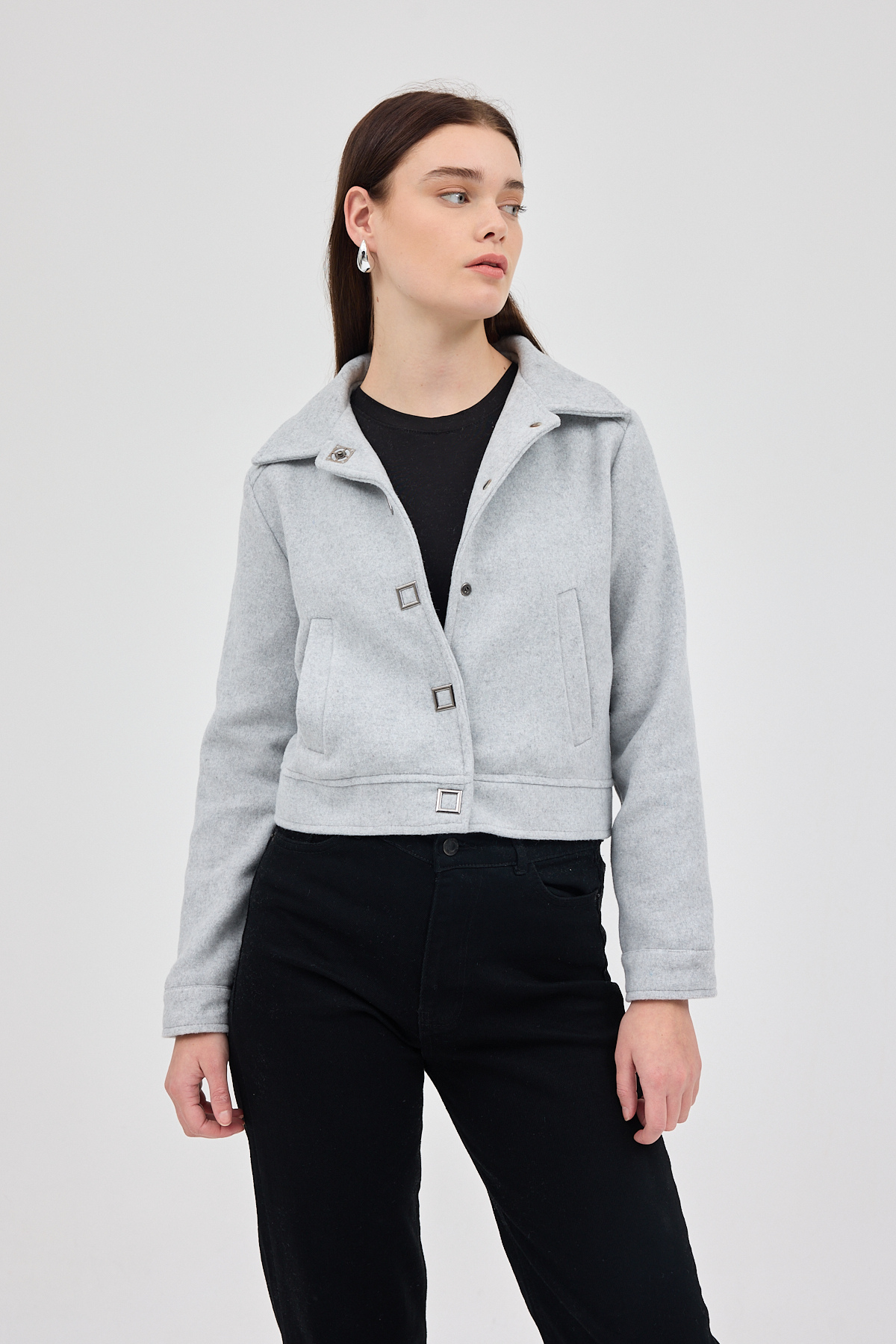 Gri Kısa Astarlı Kaşe Kadın Ceket 3055A 