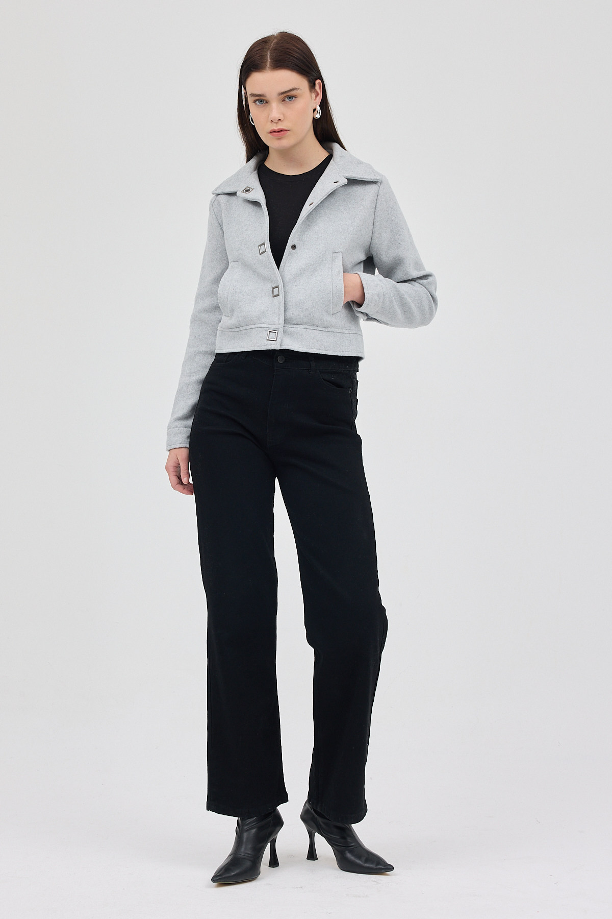 Gri Kısa Astarlı Kaşe Kadın Ceket 3055A - 3
