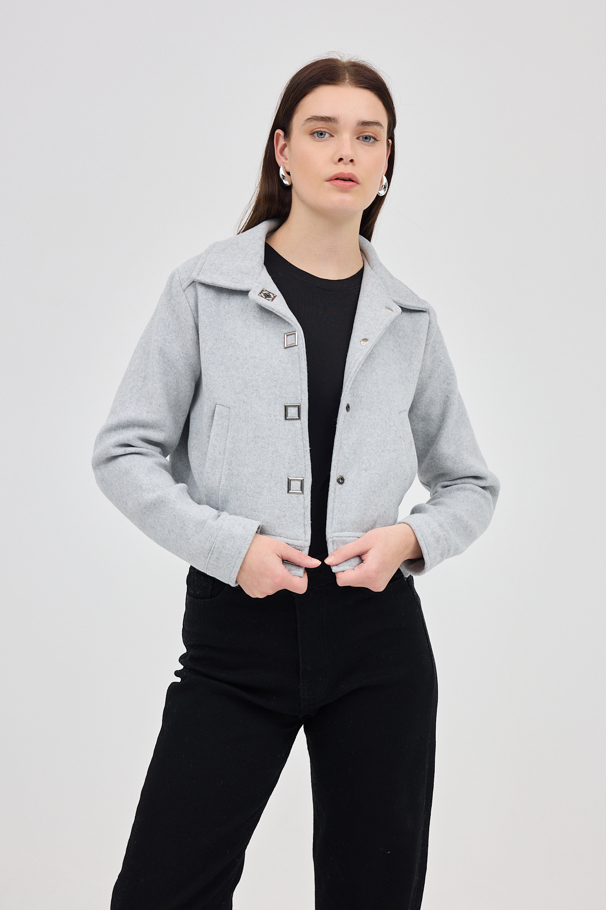 Gri Kısa Astarlı Kaşe Kadın Ceket 3055A - 6