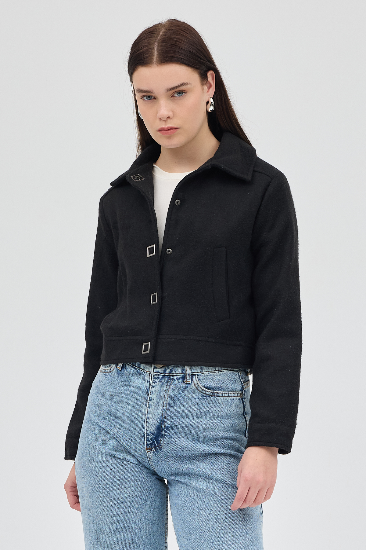 Siyah Kısa Astarlı Kaşe Kadın Ceket 3055A - 6