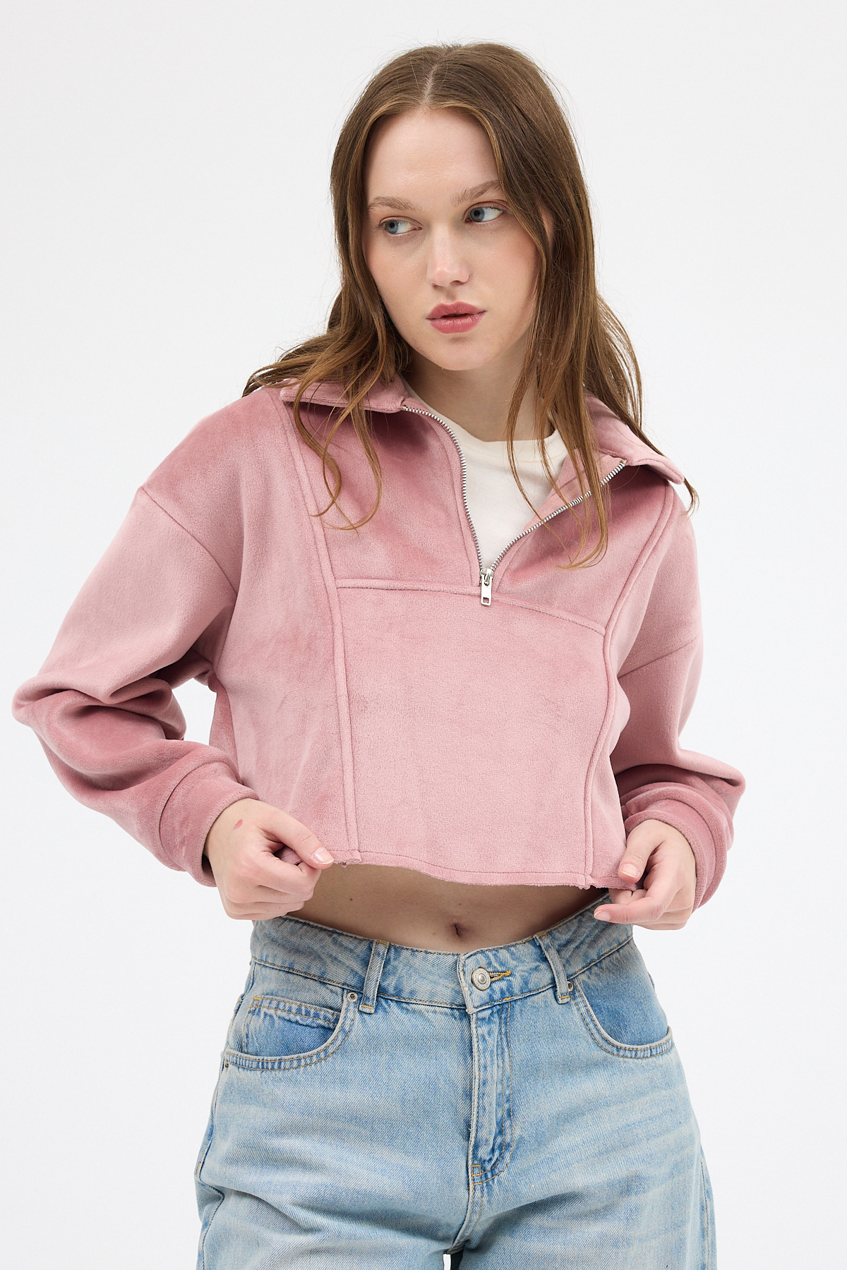 Pembe Kadın Peluş Yarım Fermuarlı Crop Sweatshirt 3056A - 1