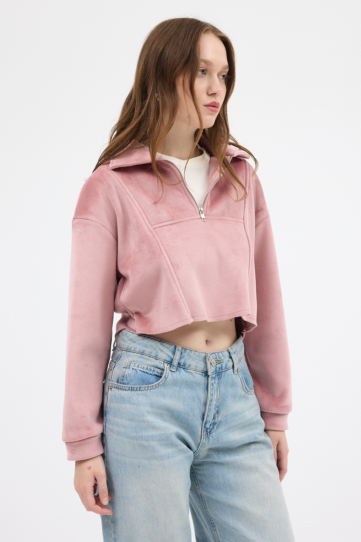 Pembe Kadın Peluş Yarım Fermuarlı Crop Sweatshirt 3056A - 2