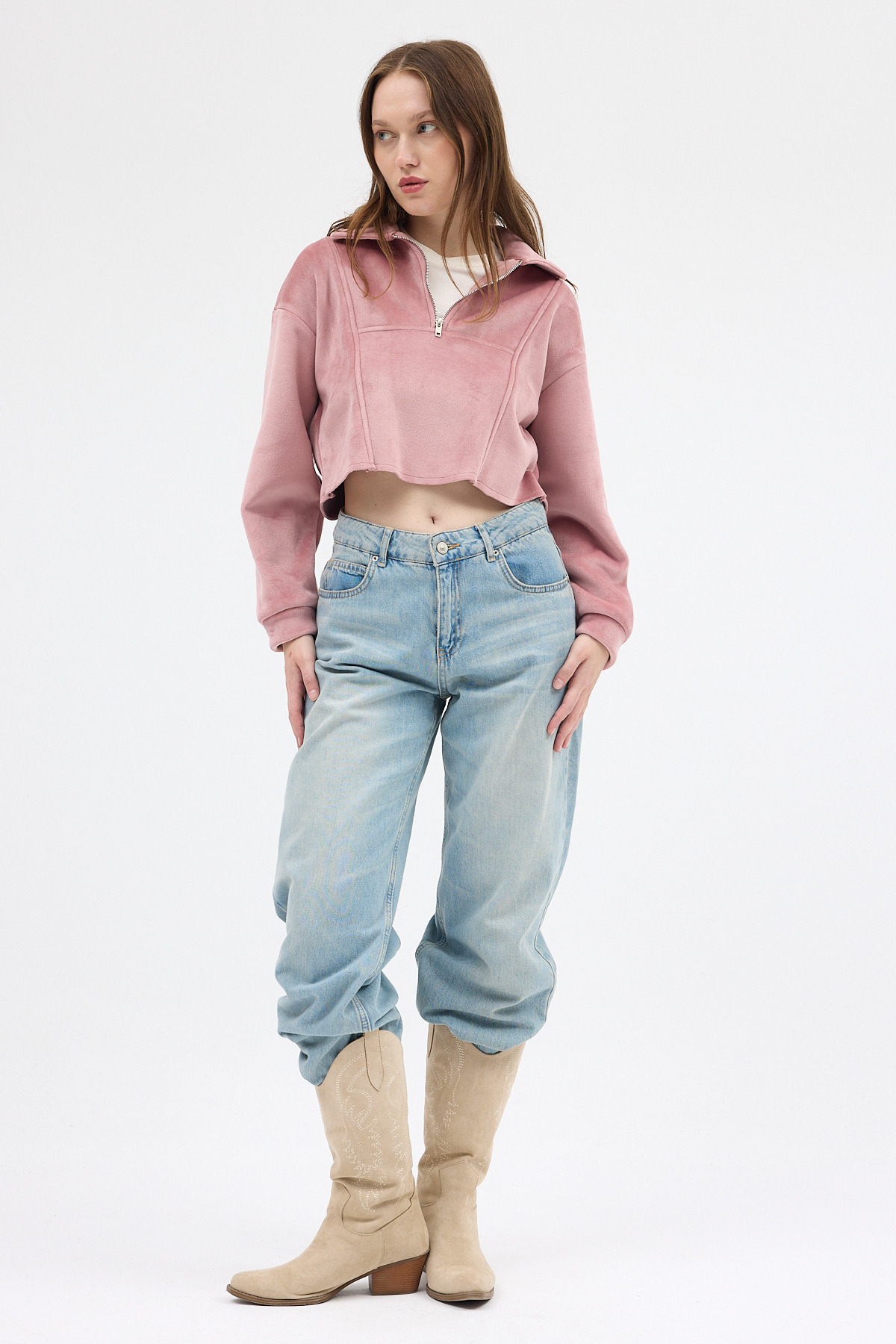 Pembe Kadın Peluş Yarım Fermuarlı Crop Sweatshirt 3056A - 3